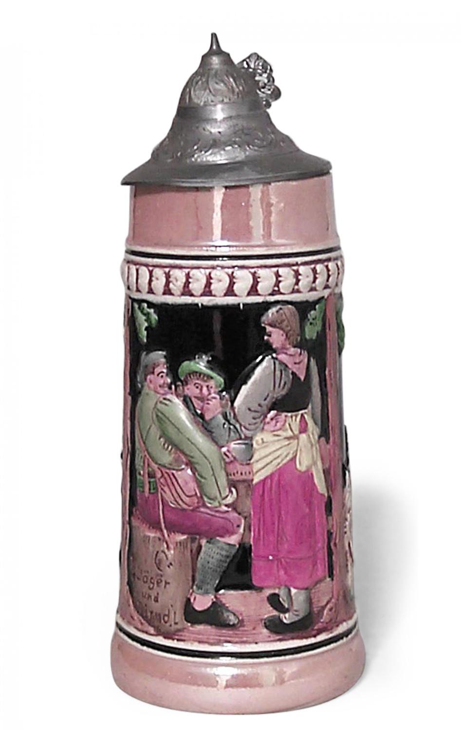Deutscher ((spätes 19. Jahrhundert-möglicherweise von ADOLF DIESINGER) Porzellan-Bierkrug mit 2 Winterszenen und 3 Figuren mit Zinndeckel (Nachlass von Robert Ripley)