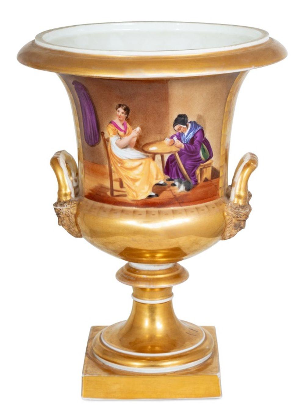 Painted German Porcelain Campagna Urn Vase, 19th C. For Sale