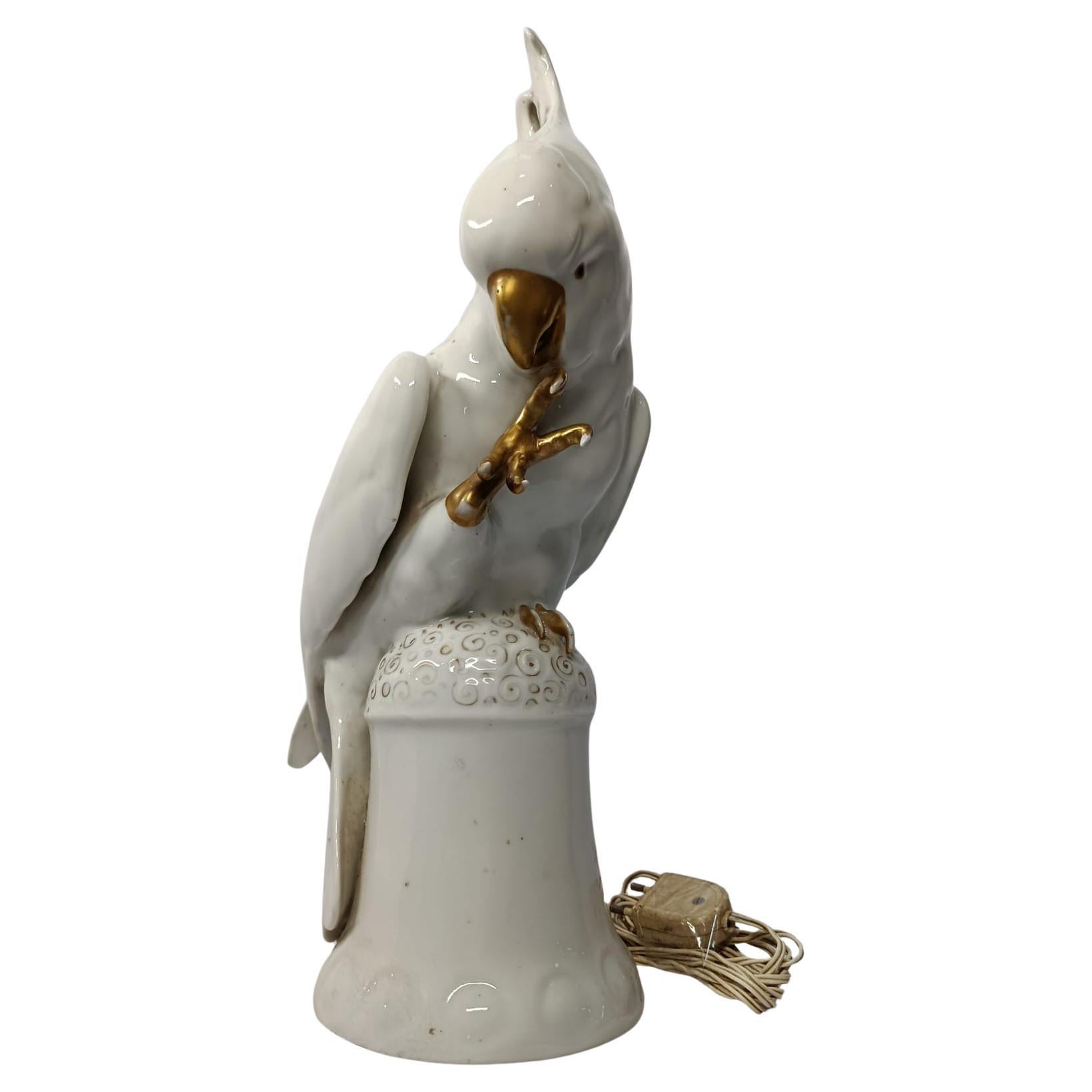 German Porcelain Cockatoo Lamp White and Gilt circa 1900 For Sale