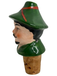 German Porcelain Figural Bavarian Man Head Cork Pourer Bottle Stopper, 1930s