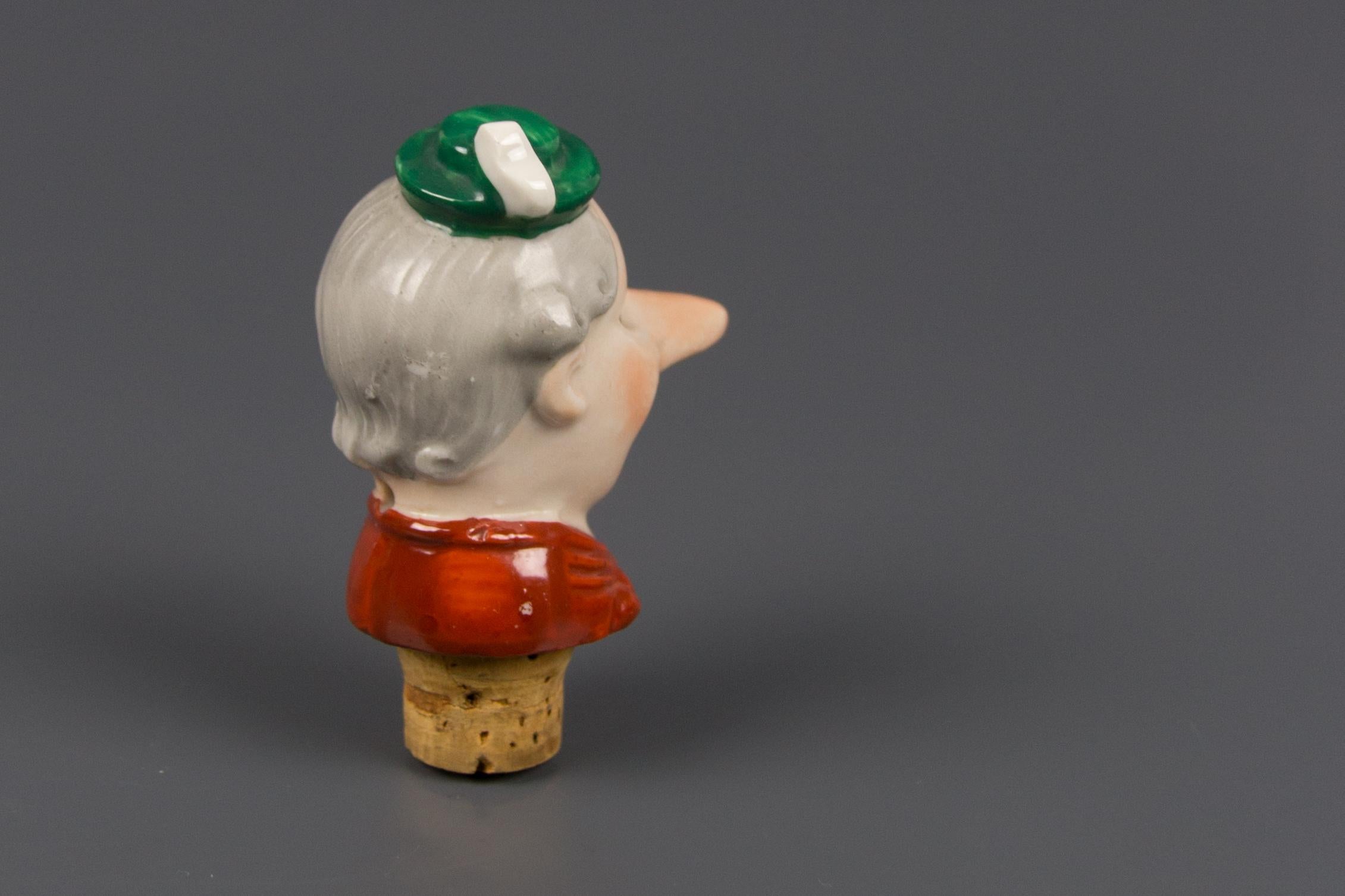 German Porcelain Figural Cheerful Man Head Cork Pourer Bottle Stopper, 1930s 5