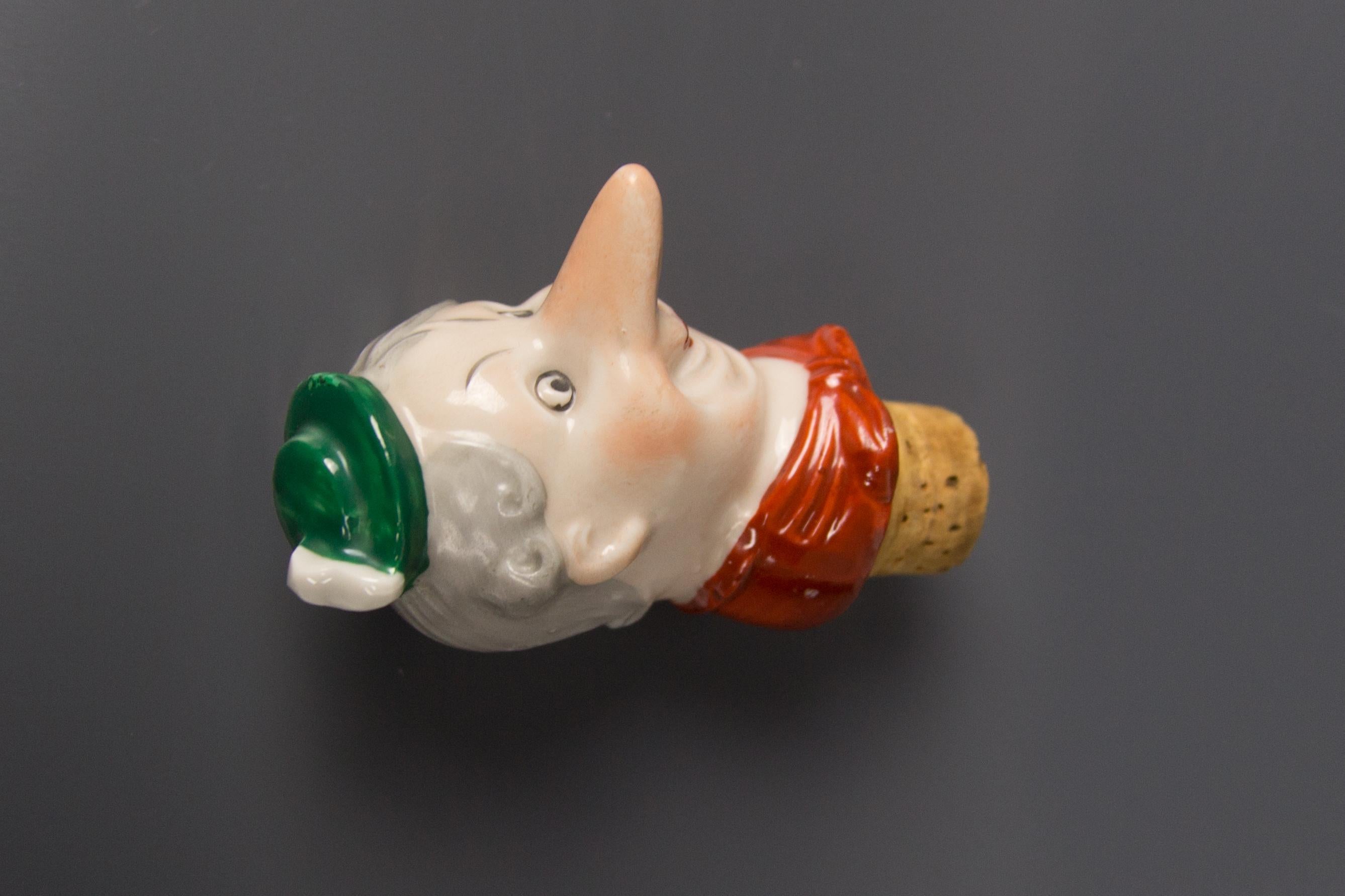 German Porcelain Figural Cheerful Man Head Cork Pourer Bottle Stopper, 1930s 7
