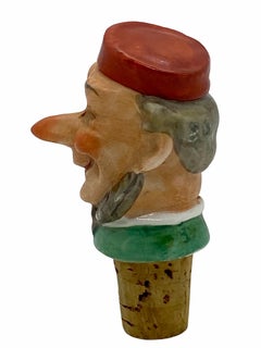 German Porcelain Figural Cheerful Man Head Cork Pourer Bottle Stopper, 1930s