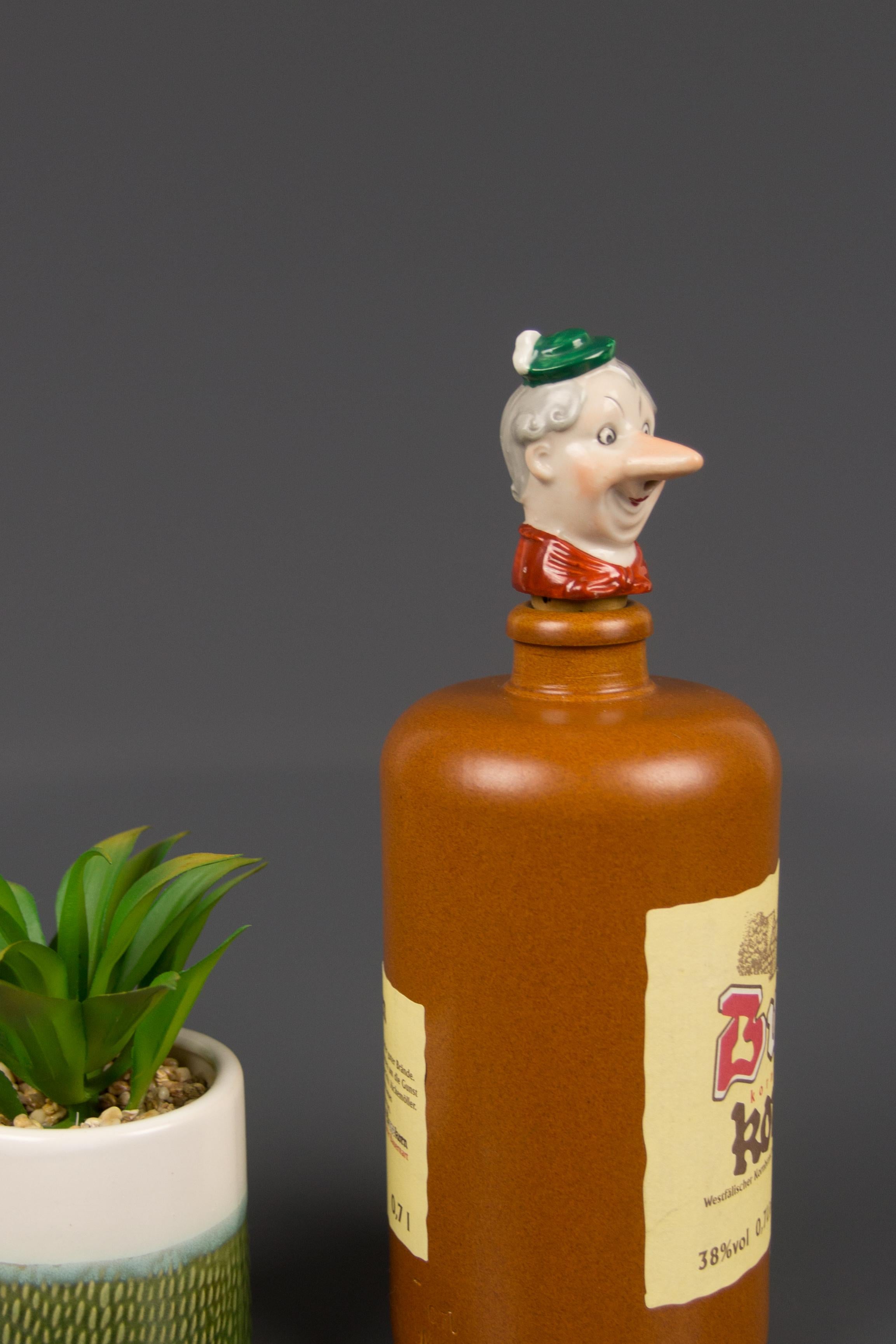 Art Deco German Porcelain Figural Cheerful Man Head Cork Pourer Bottle Stopper, 1930s