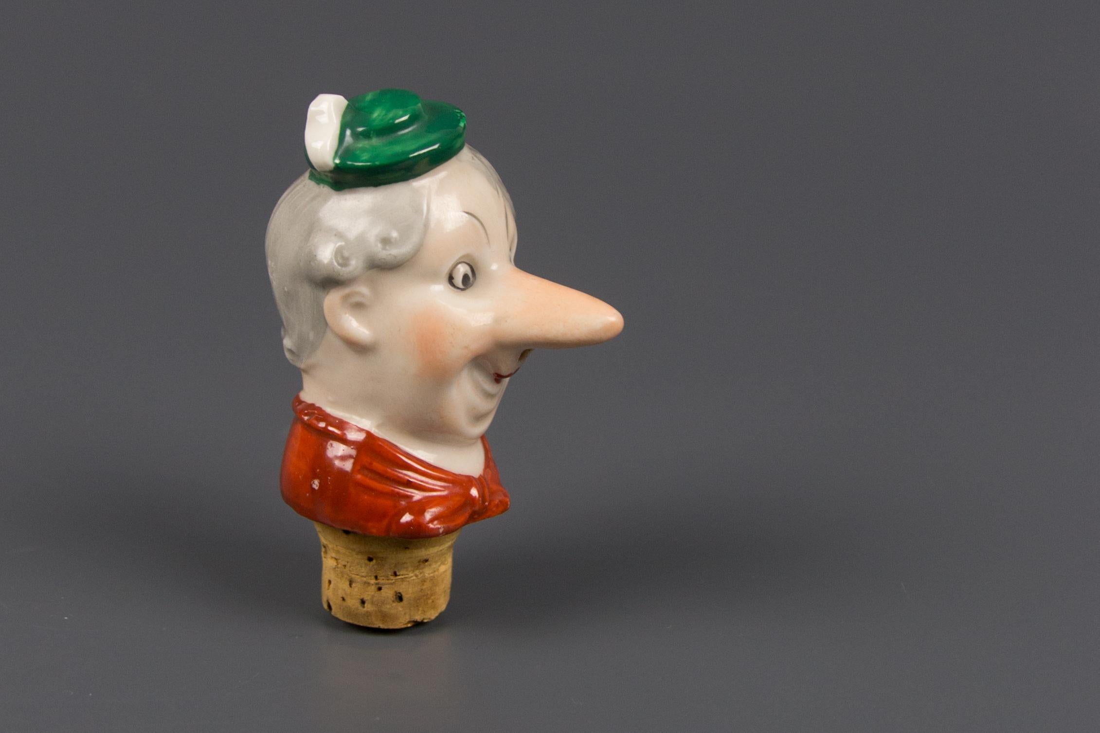 German Porcelain Figural Cheerful Man Head Cork Pourer Bottle Stopper, 1930s 1