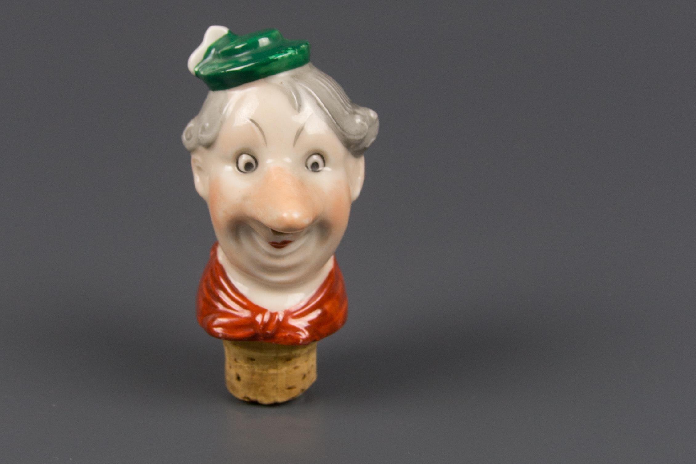 German Porcelain Figural Cheerful Man Head Cork Pourer Bottle Stopper, 1930s 2