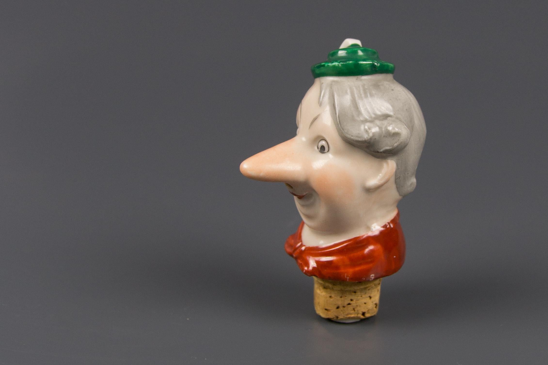 German Porcelain Figural Cheerful Man Head Cork Pourer Bottle Stopper, 1930s 3