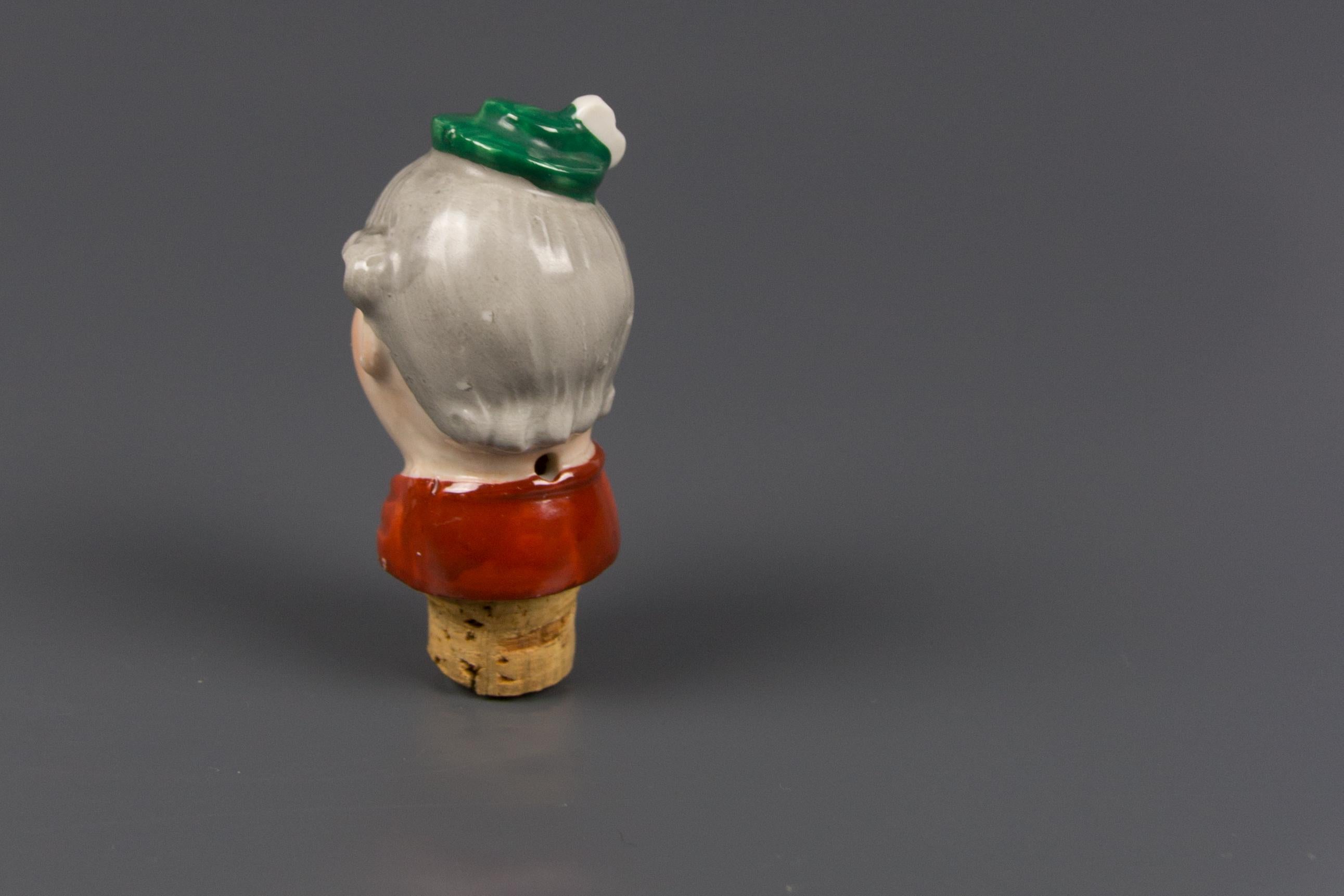 German Porcelain Figural Cheerful Man Head Cork Pourer Bottle Stopper, 1930s 4