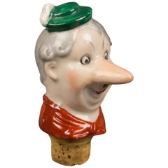 Vintage German Porcelain Figural Cheerful Man Head Cork Pourer Bottle Stopper, 1930s