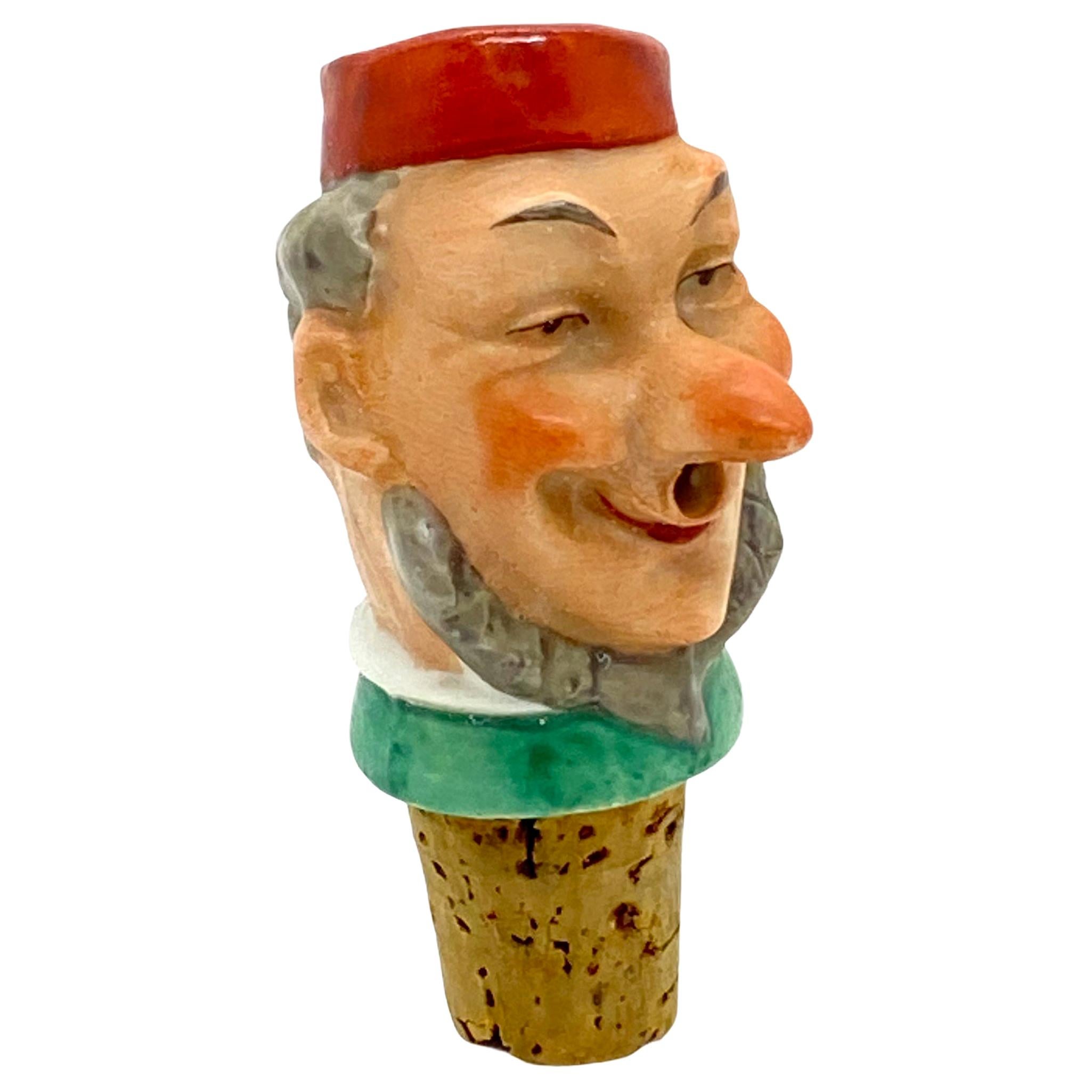 German Porcelain Figural Cheerful Man Head Cork Pourer Bottle Stopper, 1930s