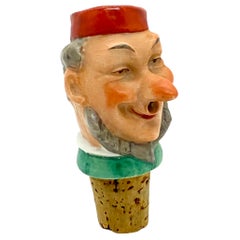 Antique German Porcelain Figural Cheerful Man Head Cork Pourer Bottle Stopper, 1930s