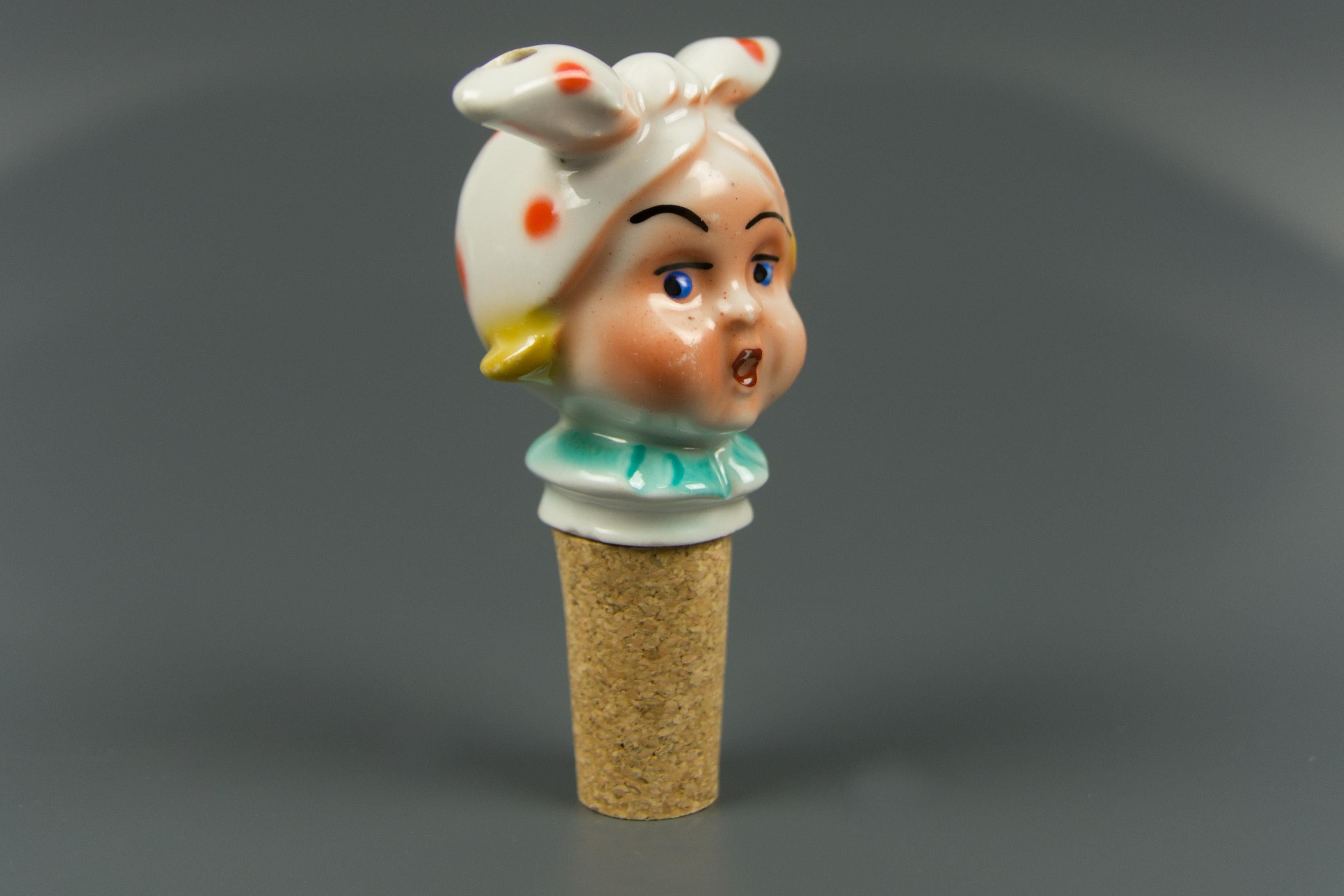 German Porcelain Figural Cork Pourer Bottle Stopper Girl with a Headscarf, 1930s 6