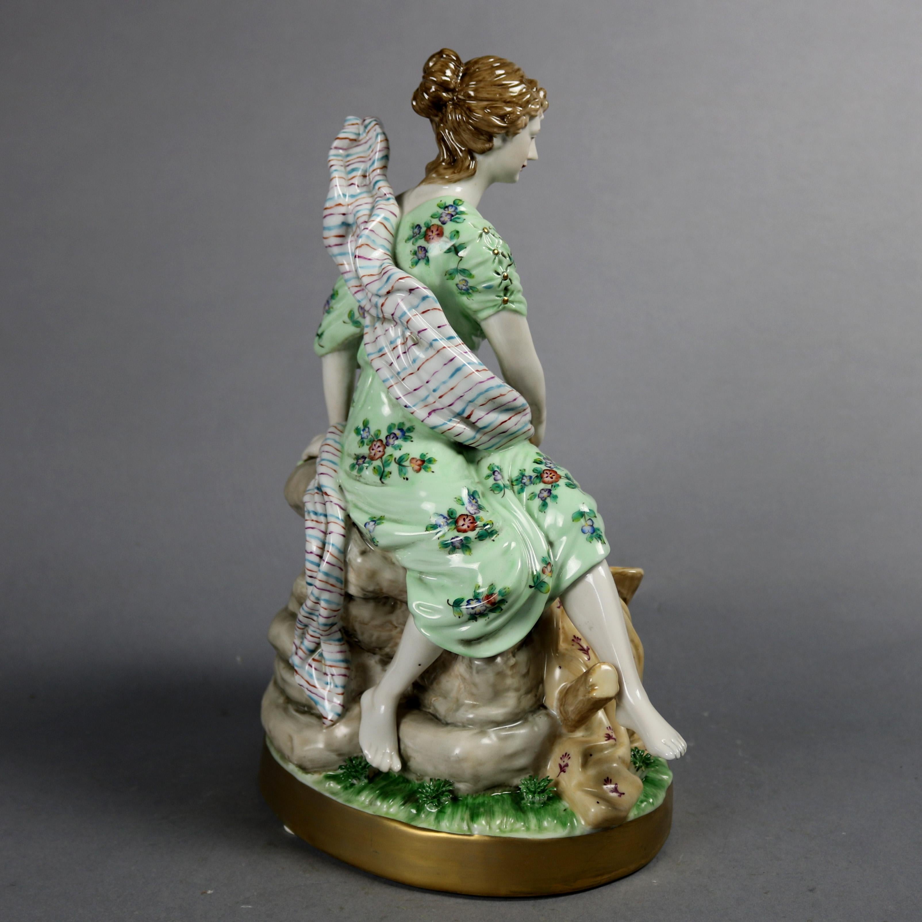 Gilt German Porcelain Figural Grouping, Maiden and Cherub, Blue Dresden Stamp