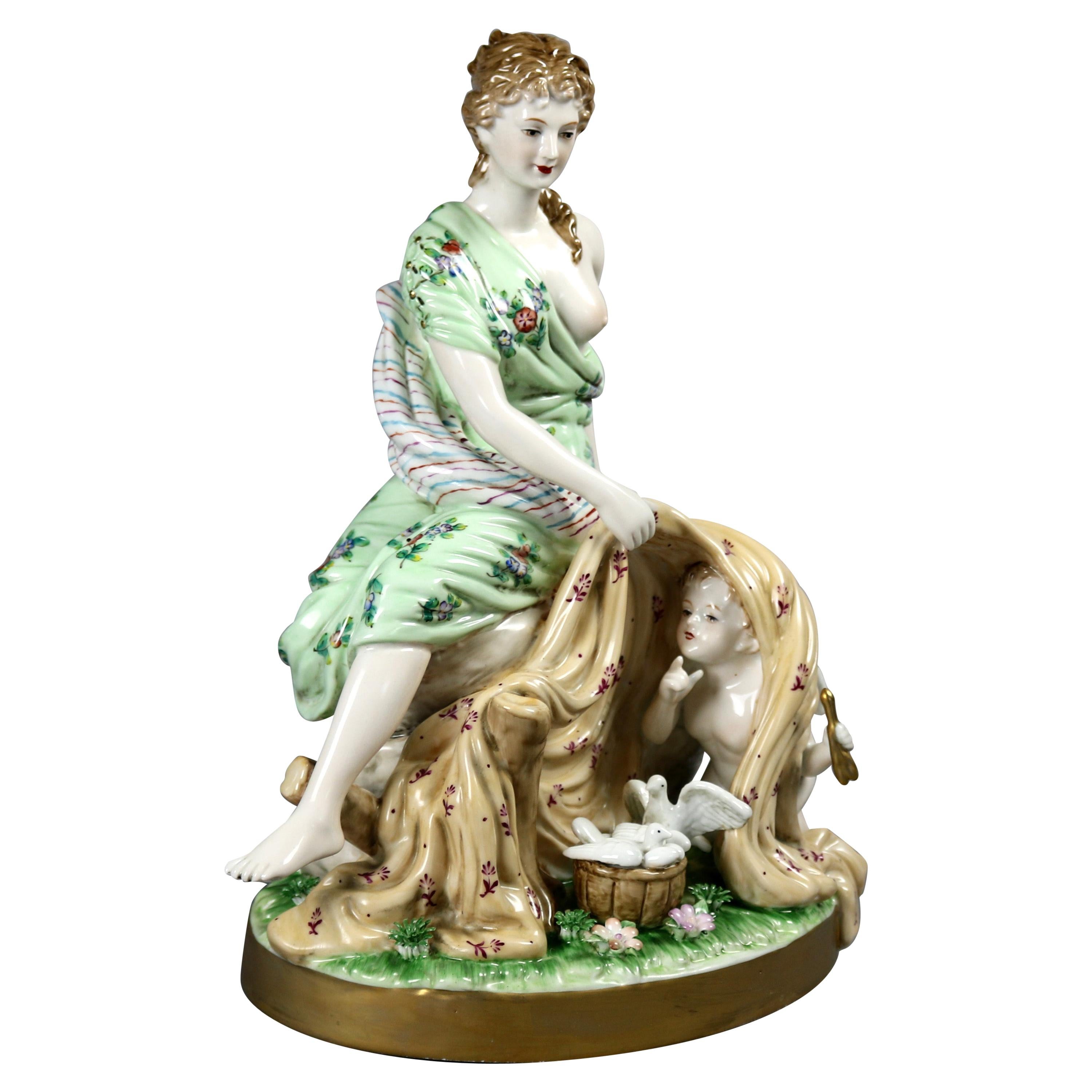 German Porcelain Figural Grouping, Maiden and Cherub, Blue Dresden Stamp