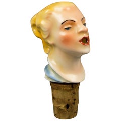 German Porcelain Figural Lady Head Cork Pourer Bottle Stopper, 1930s
