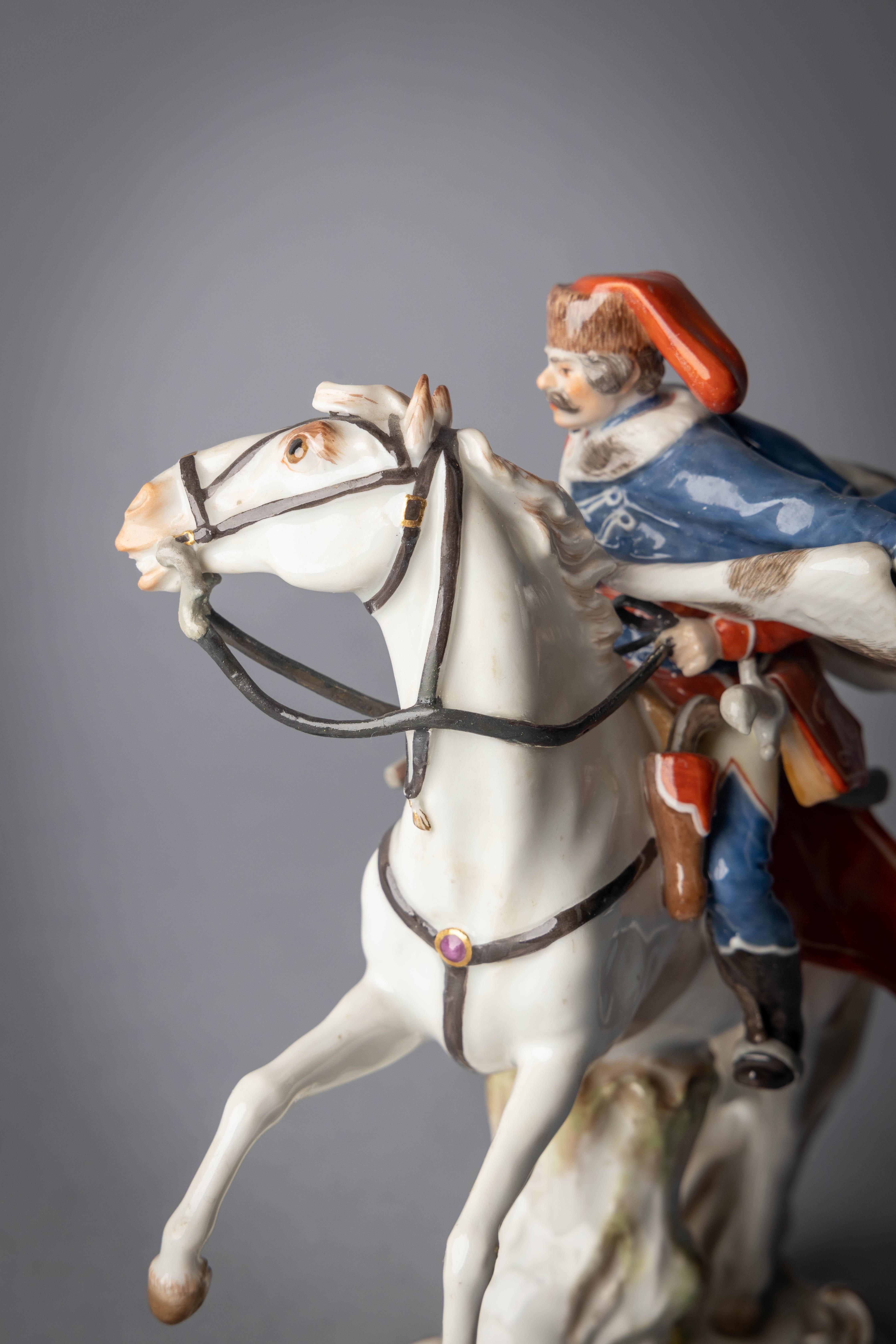 German Porcelain Figure of Hussar on Horseback, Meissen, circa 1880 In Good Condition For Sale In New York, NY