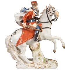 Figure de Hussar à dos de cheval en porcelaine allemande, Meissen, vers 1880