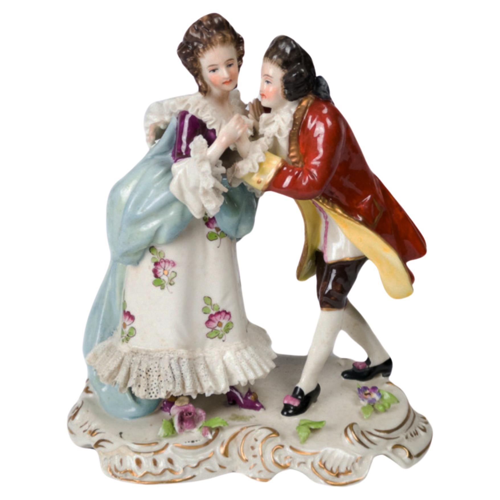 German Porcelain Figurine Of Loving Couple, Volkstedt, 19th Century  For Sale