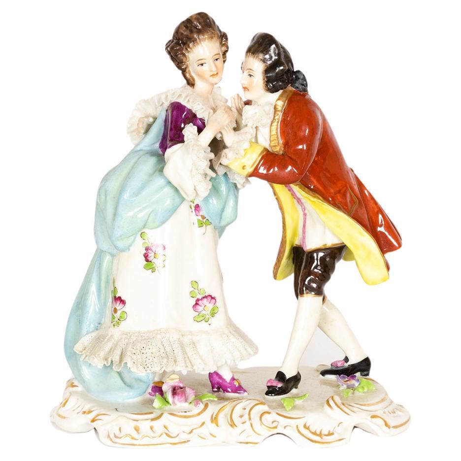 German Porcelain Figurine of Loving Couple, Volkstedt, 19th Century