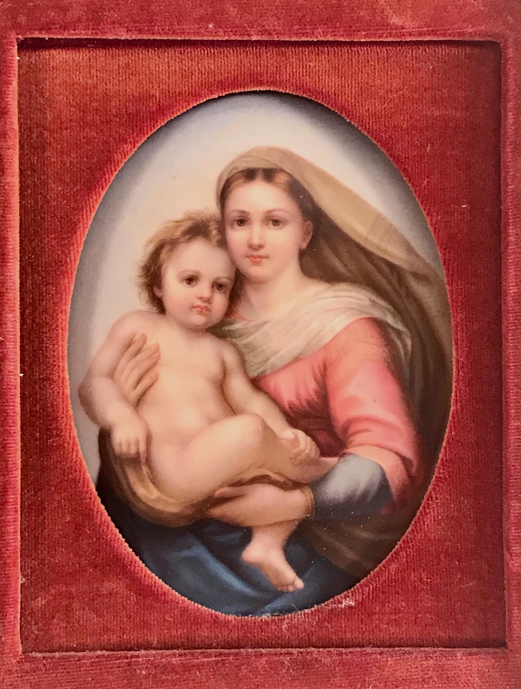 German Porcelain miniature portrait KPM style Madonna and Child after Raphael

German porcelain hand painted plaque of Madonna and Child after Raphael. This 19th century oval miniature portrait is housed in a giltwood frame with red velvet