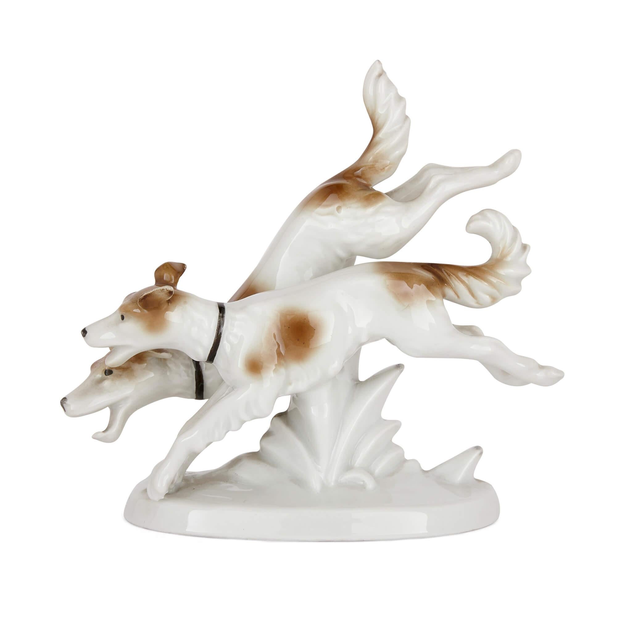 German porcelain model of two dogs by Gerold Porzellan
German, Early 20th Century
Height 14cm, width 15cm, depth 6cm

This sweet porcelain figure was crafted by the Gerold Porzellan Company in the early 20th Century. The company was a fine porcelain