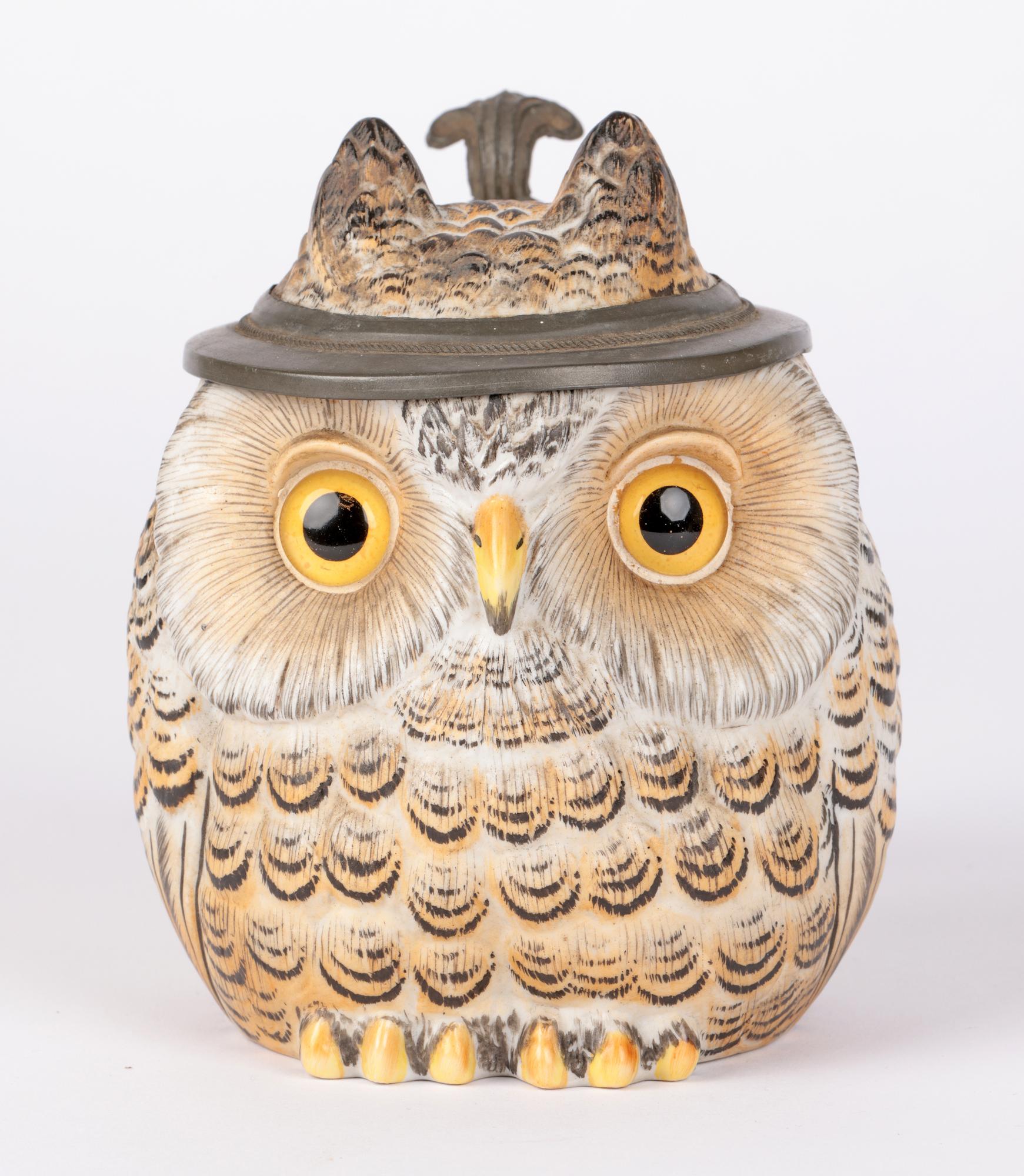 German Porcelain Owl Beer Stein with Pewter Mounts 4