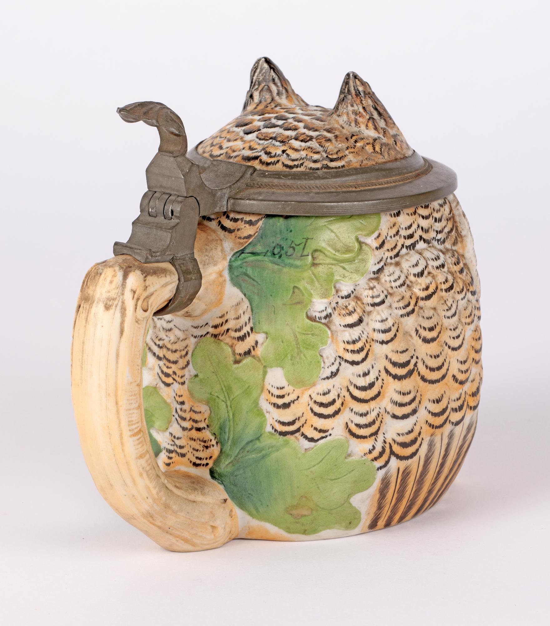 German Porcelain Owl Beer Stein with Pewter Mounts 5