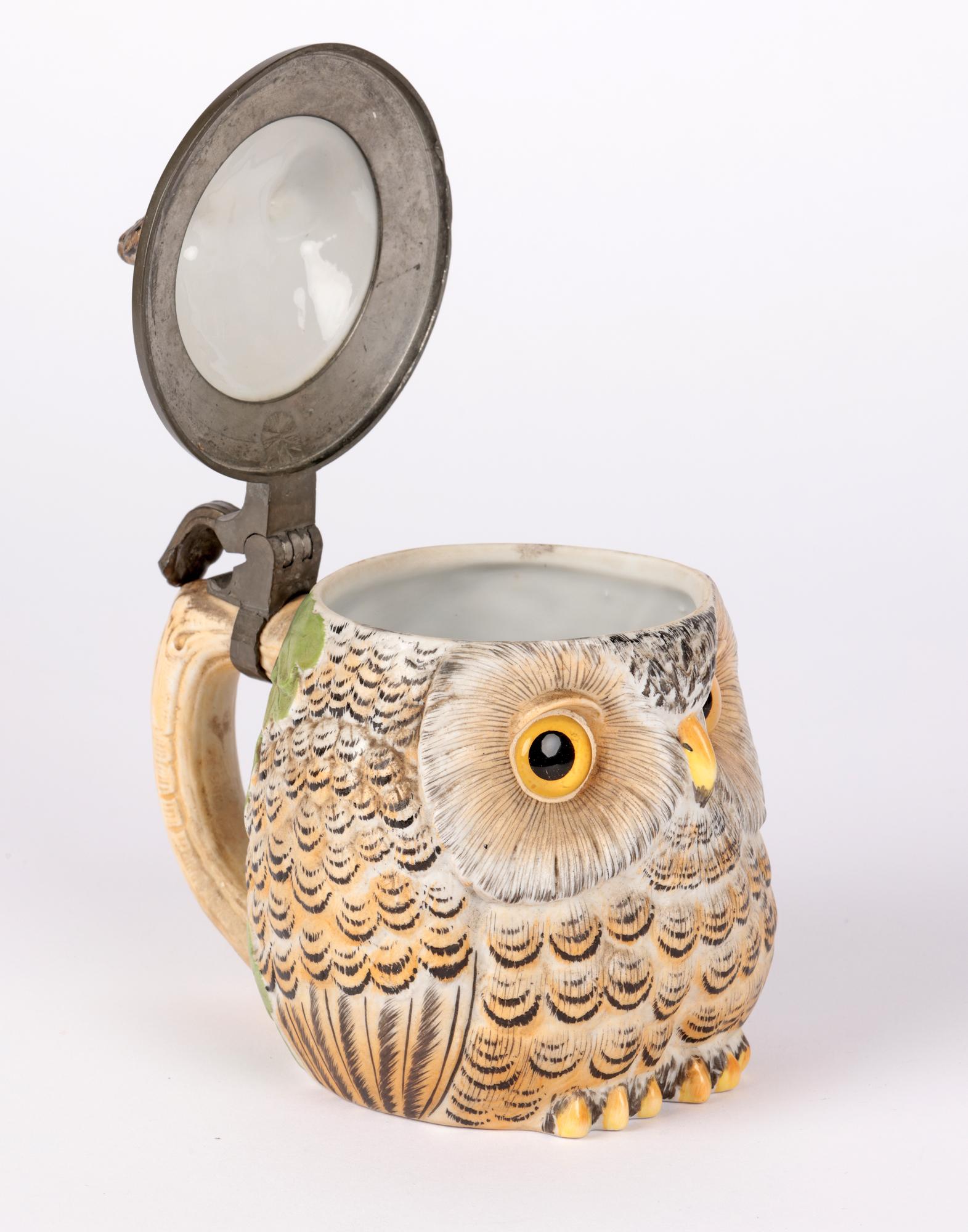 German Porcelain Owl Beer Stein with Pewter Mounts 7