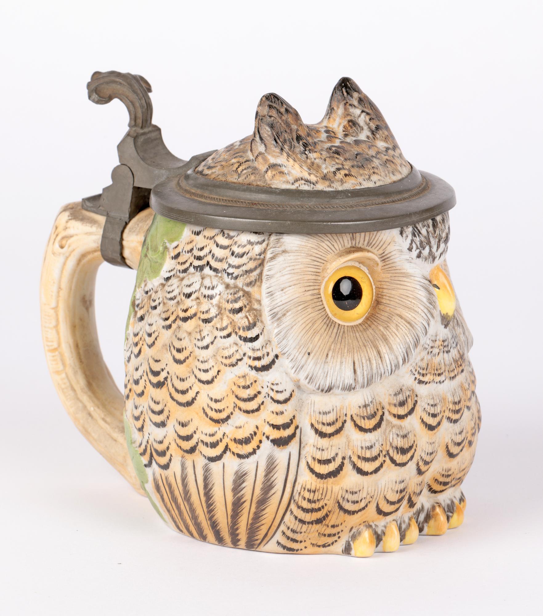 German Porcelain Owl Beer Stein with Pewter Mounts 10