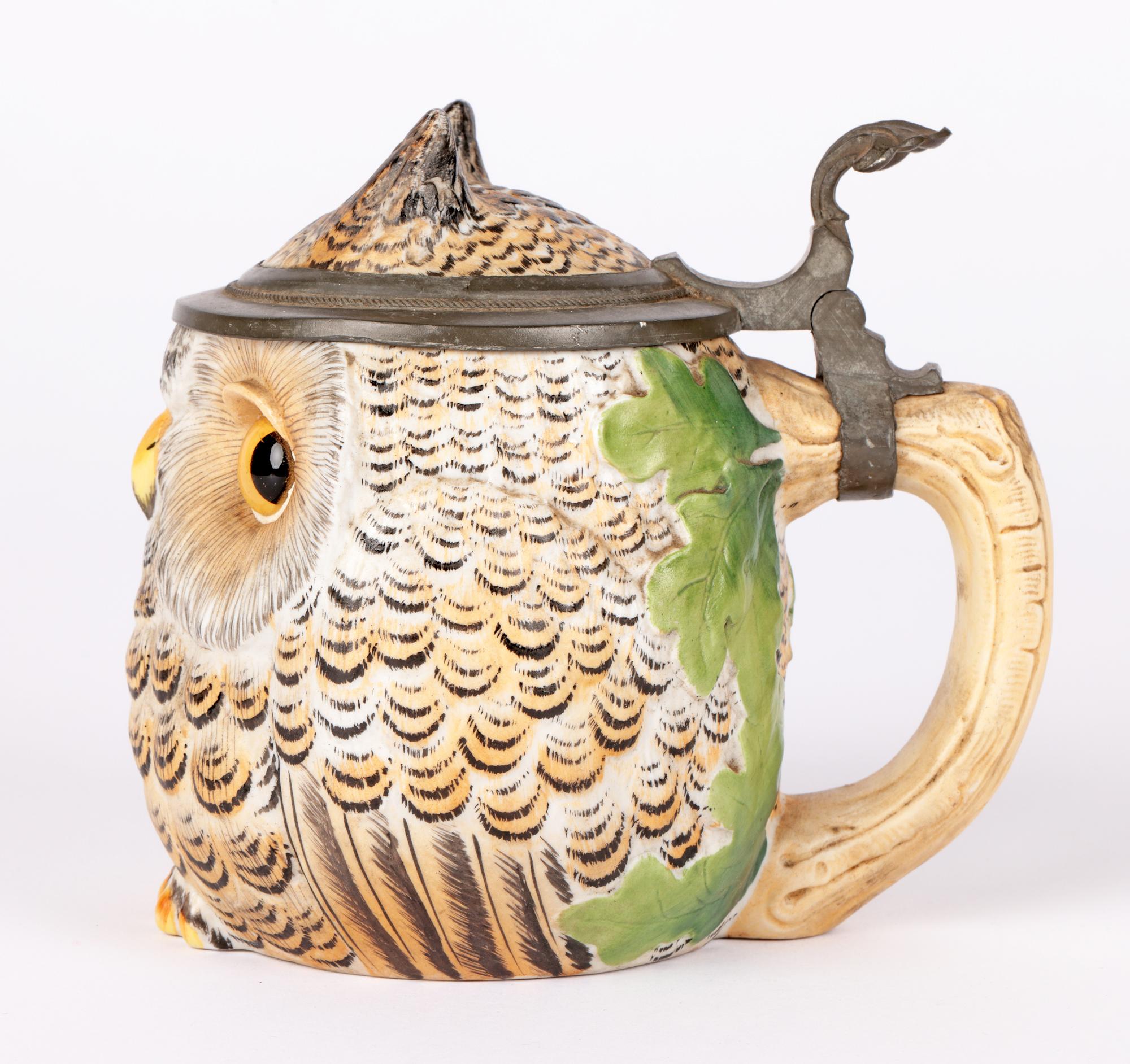 German Porcelain Owl Beer Stein with Pewter Mounts 1