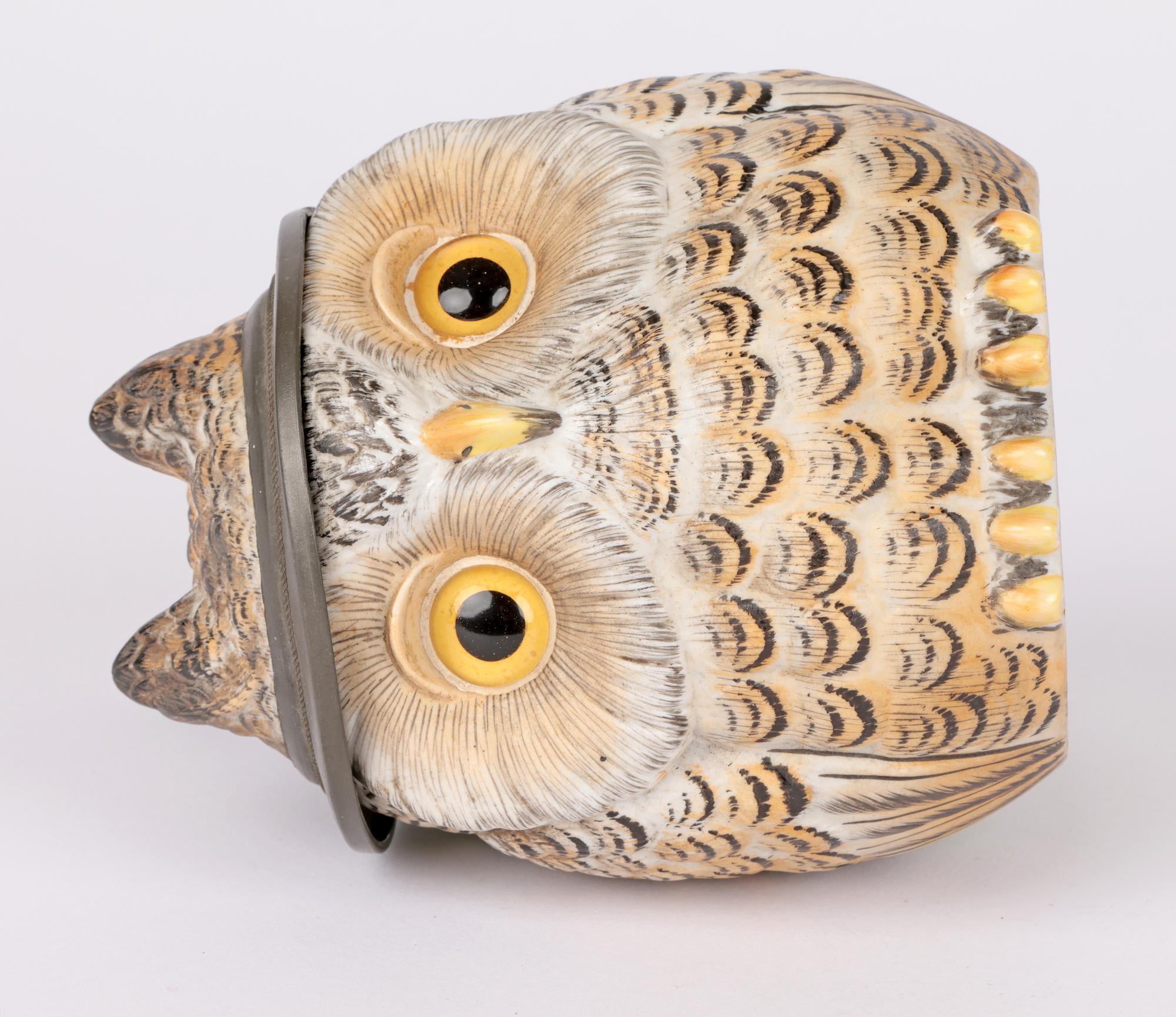 German Porcelain Owl Beer Stein with Pewter Mounts 3