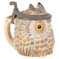German Porcelain Owl Beer Stein with Pewter Mounts