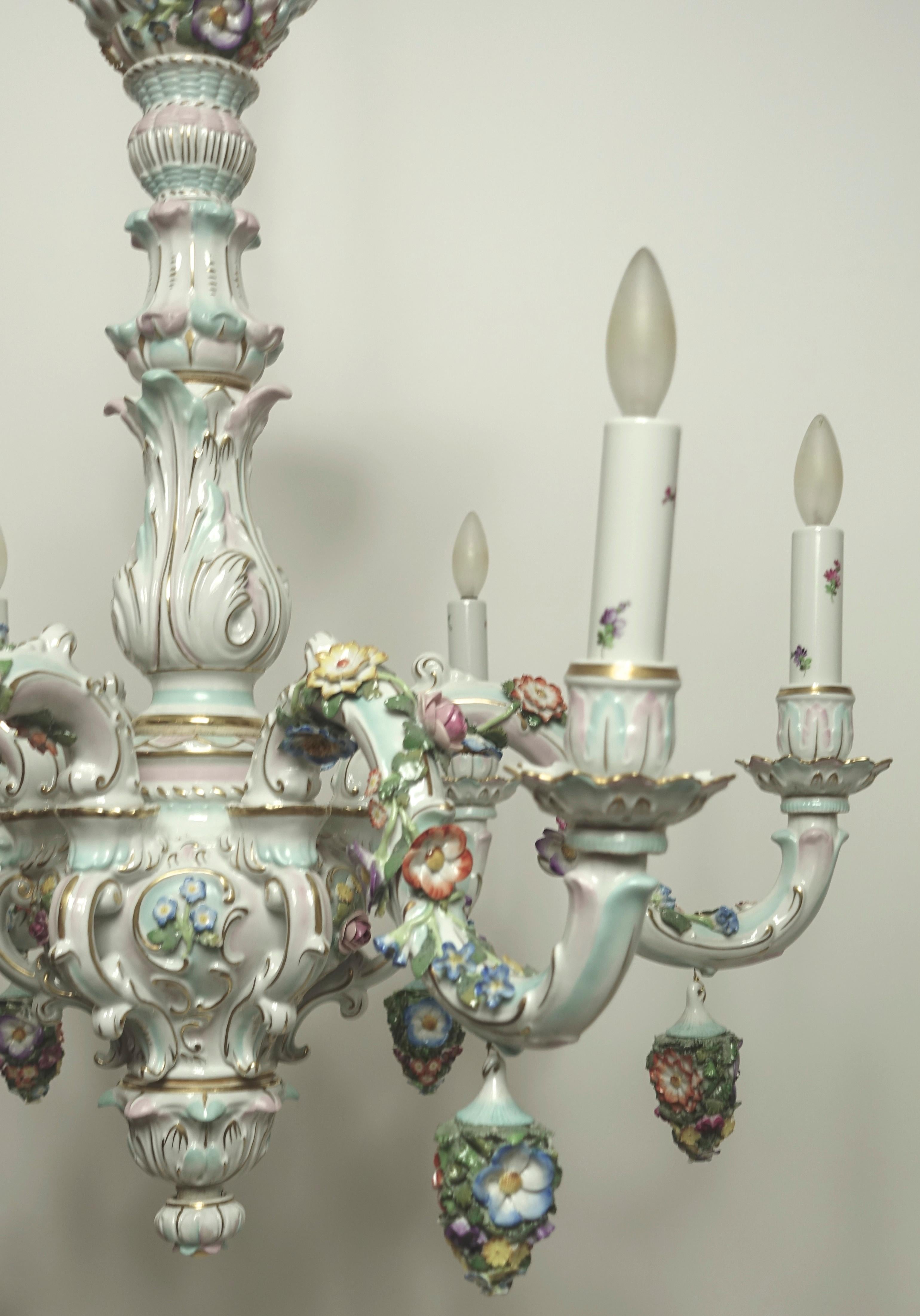 German Porcelain Six-Light Floral Decorated Chandelier 4