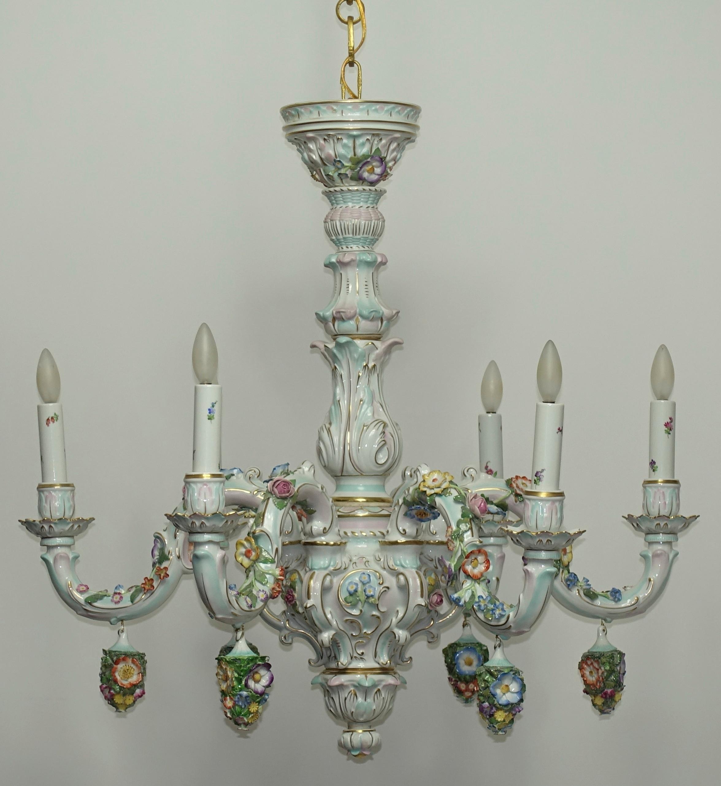 German Porcelain Six-Light Floral Decorated Chandelier 6