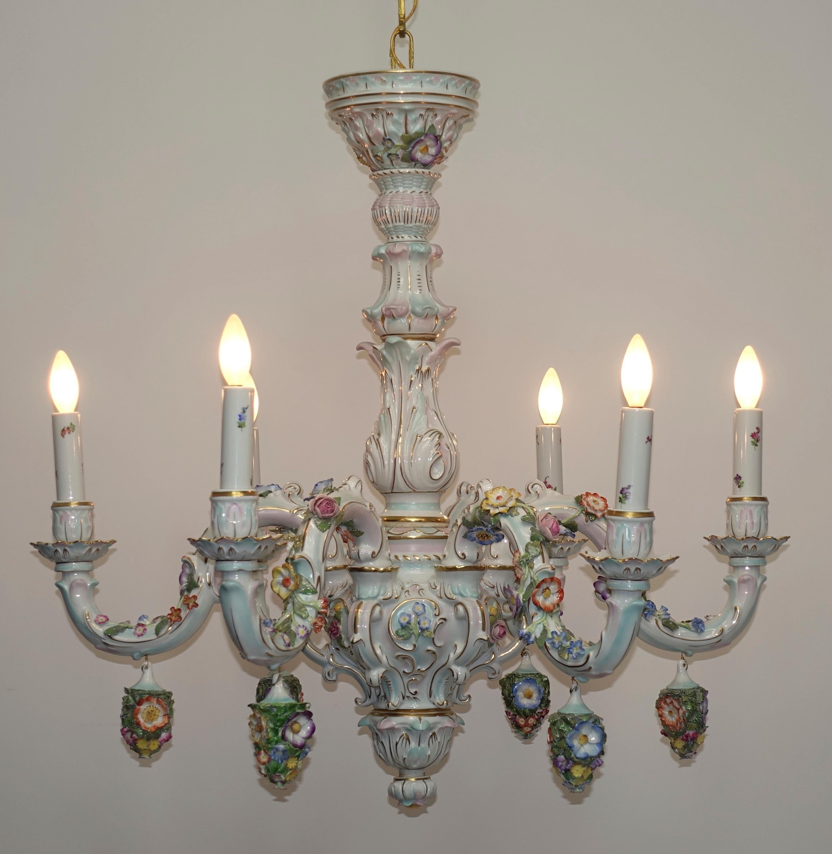 Baroque German Porcelain Six-Light Floral Decorated Chandelier