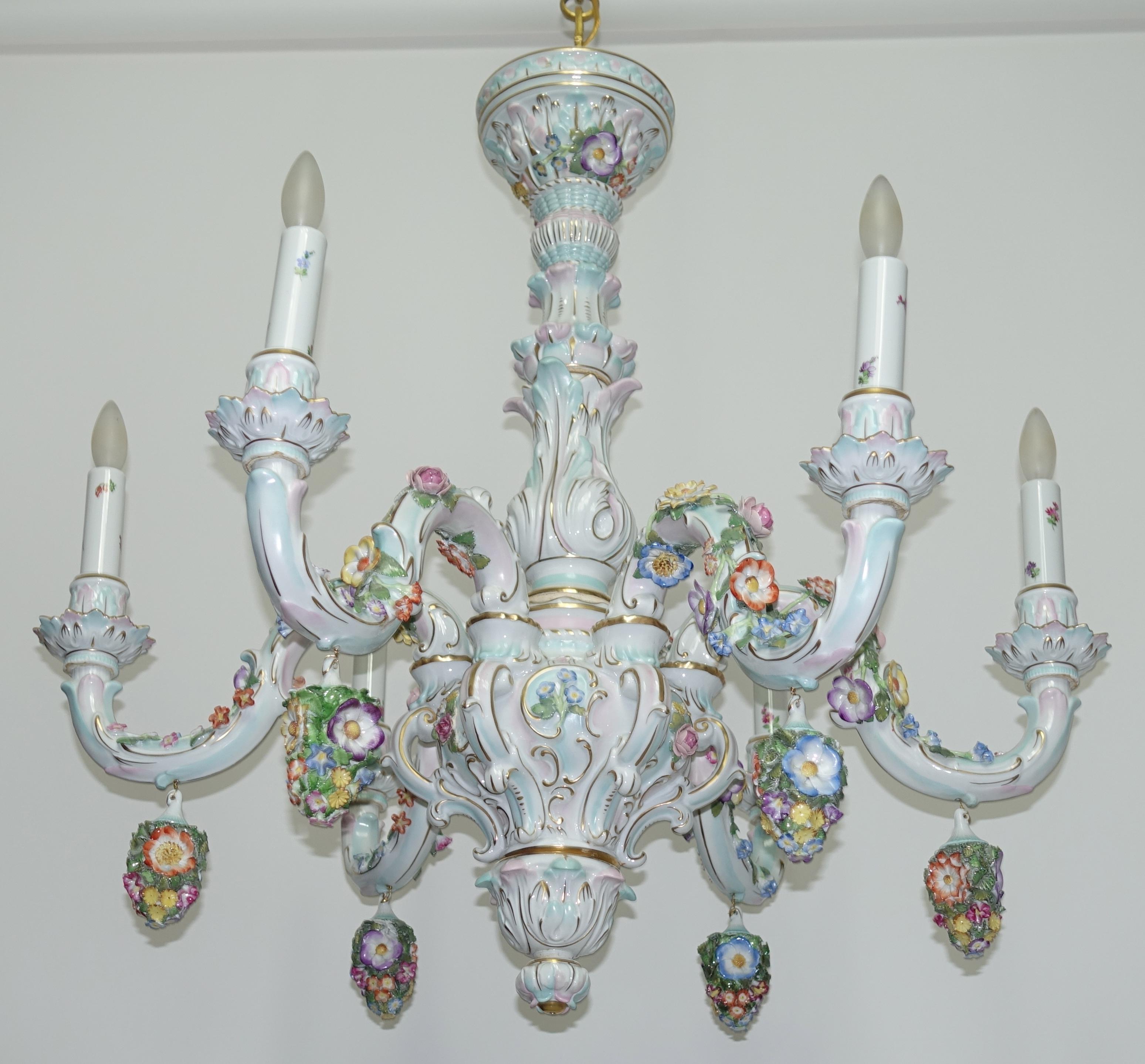 German Porcelain Six-Light Floral Decorated Chandelier In Good Condition In San Francisco, CA