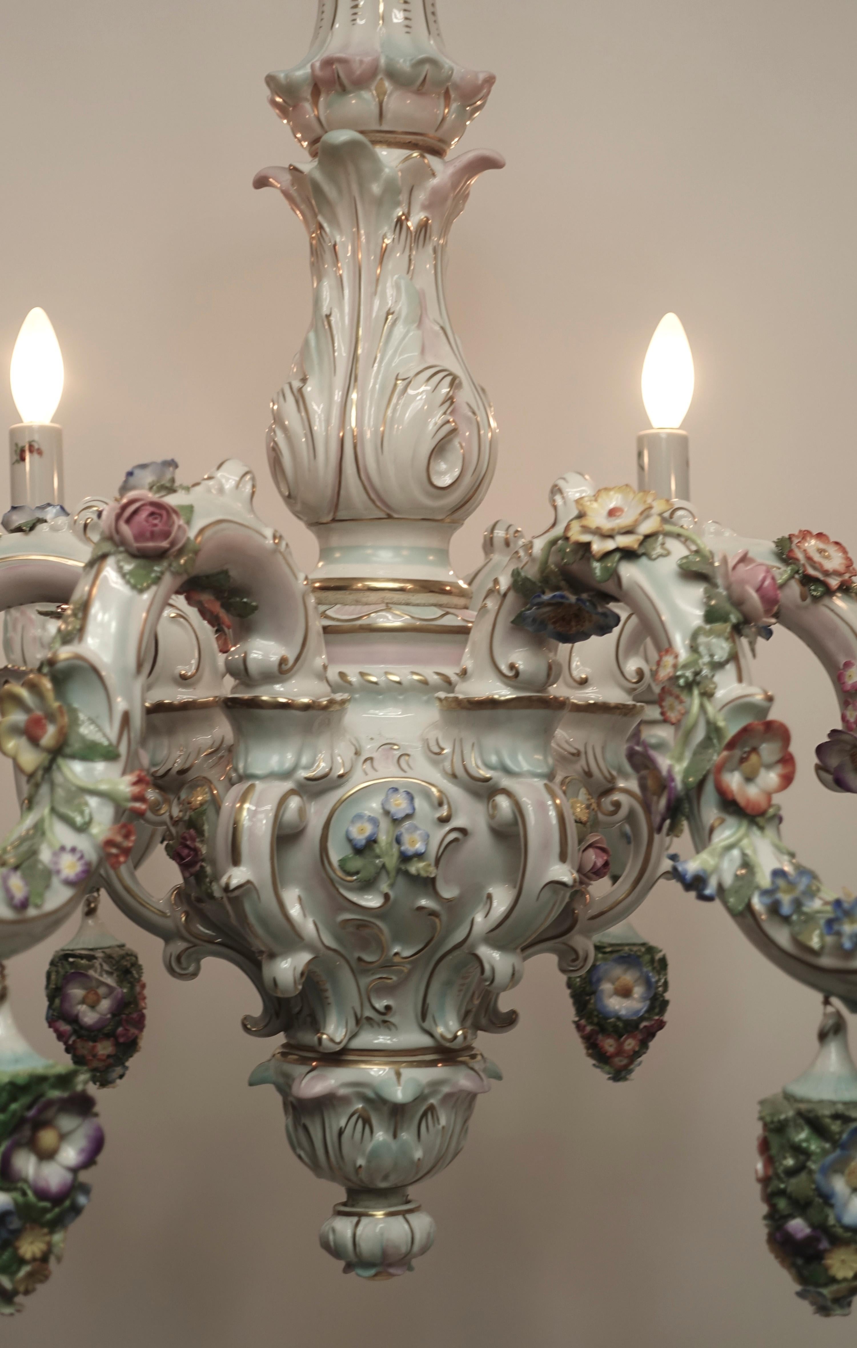 20th Century German Porcelain Six-Light Floral Decorated Chandelier