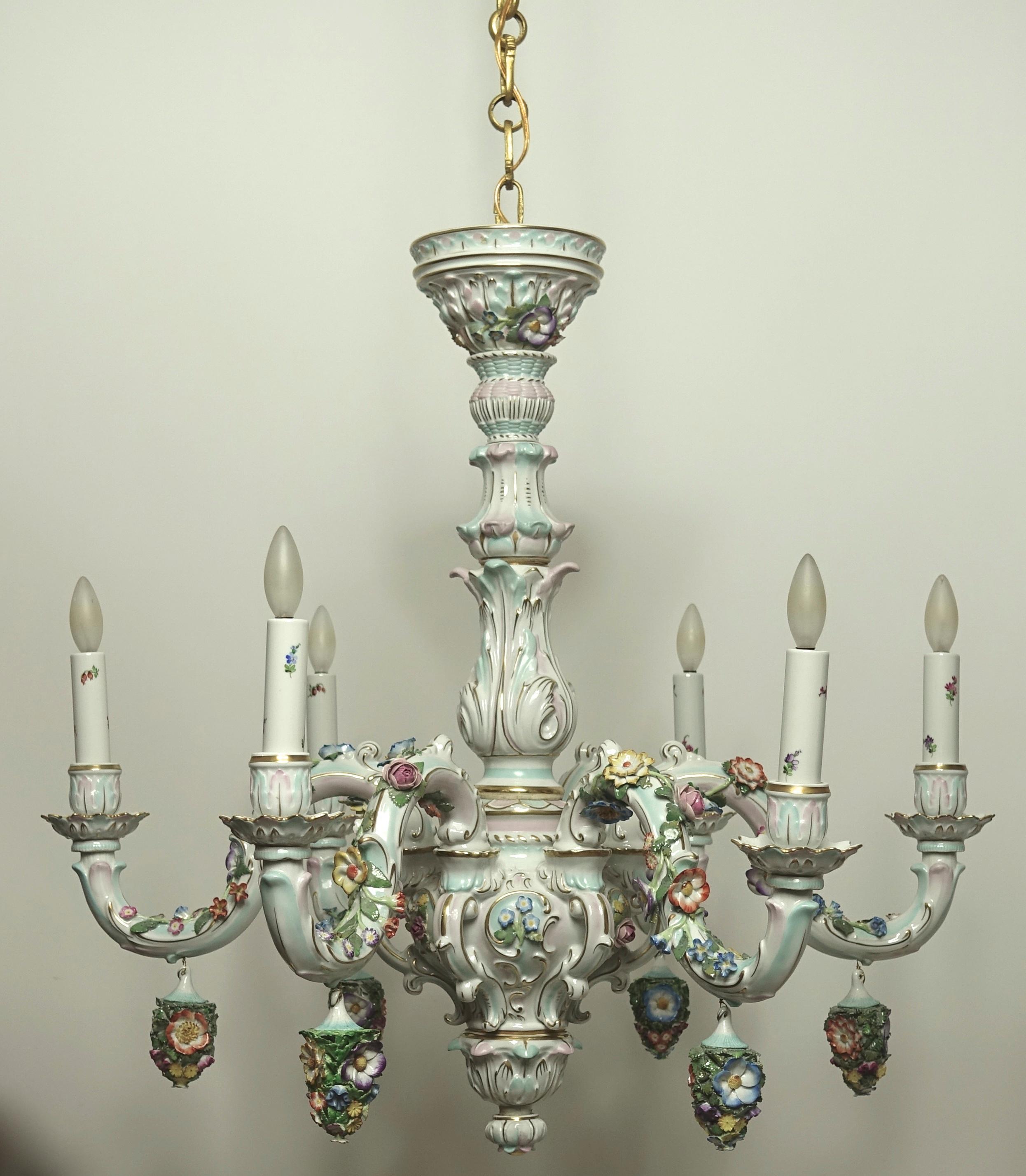 German Porcelain Six-Light Floral Decorated Chandelier 1
