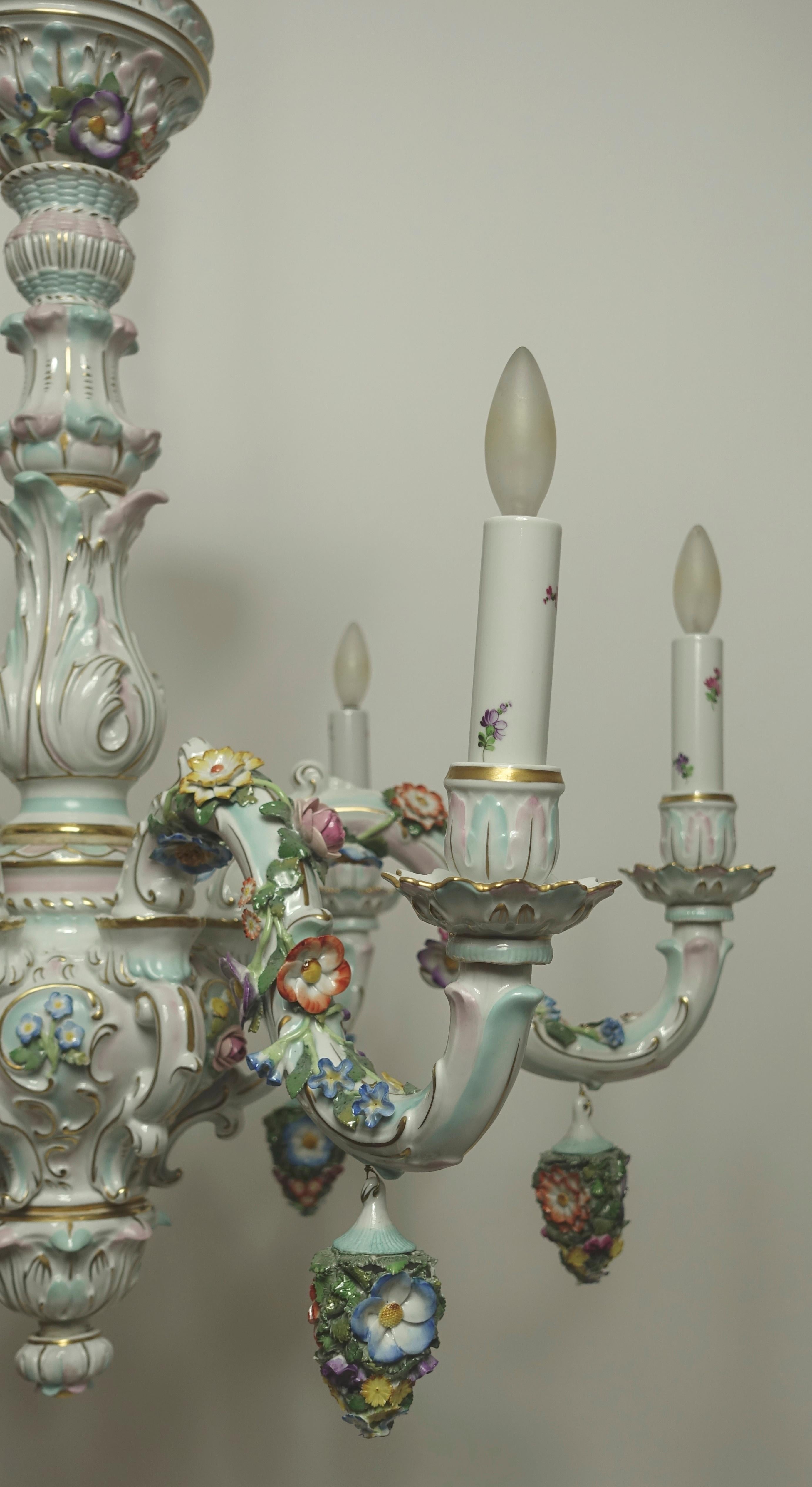 German Porcelain Six-Light Floral Decorated Chandelier 2