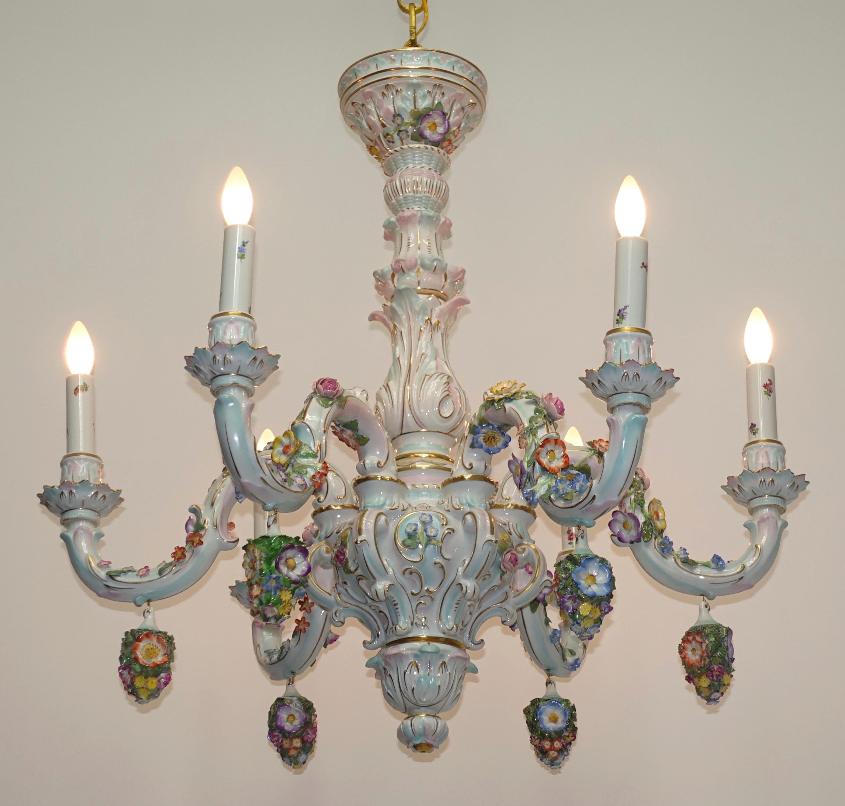 German Porcelain Six-Light Floral Decorated Chandelier 3