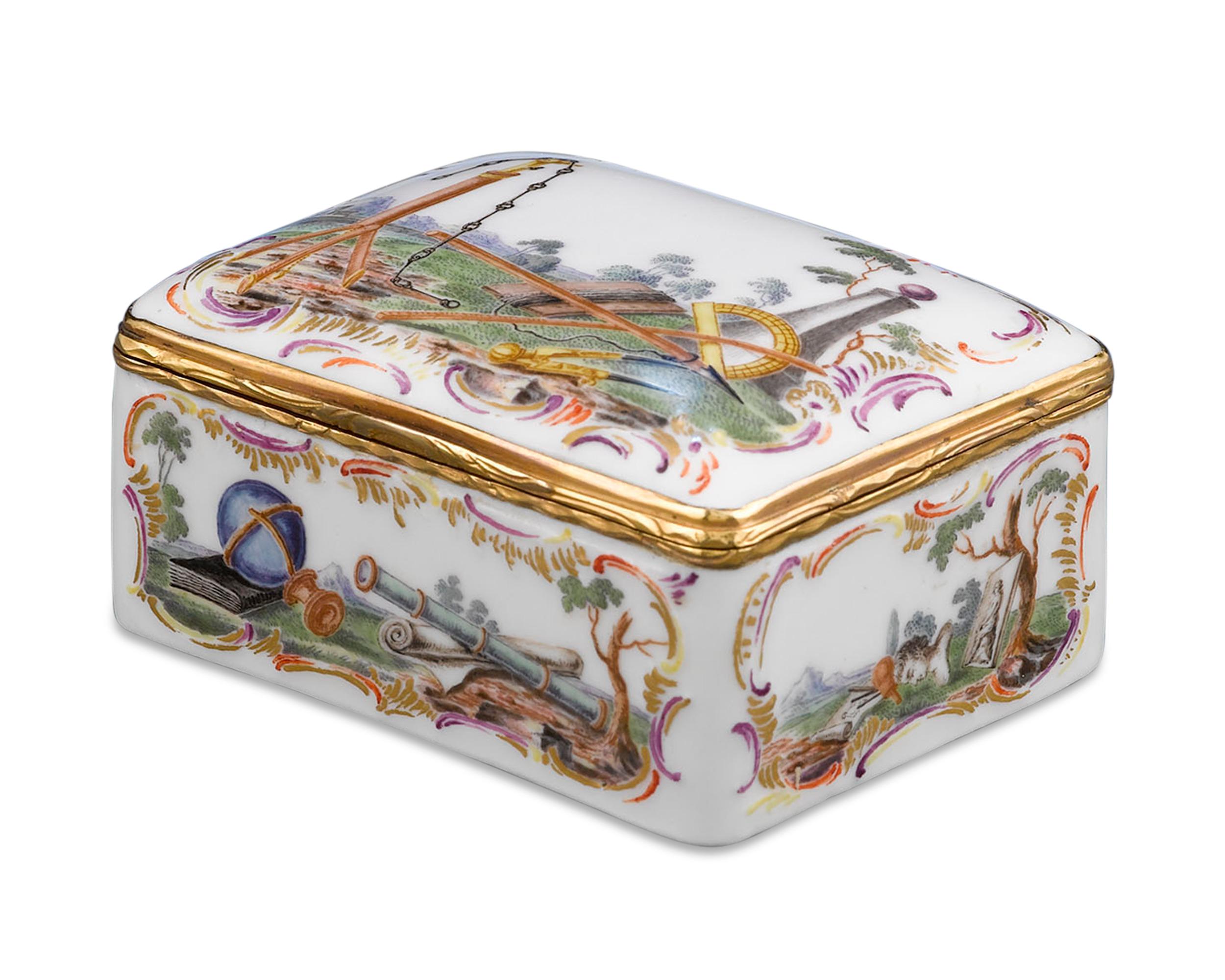 This important German porcelain snuff box exhibits delightful artistry and craftsmanship. Hand painted classical tableau celebrating the exalted disciplines of art, architecture, music and astronomy adorn every surface of the small container, while