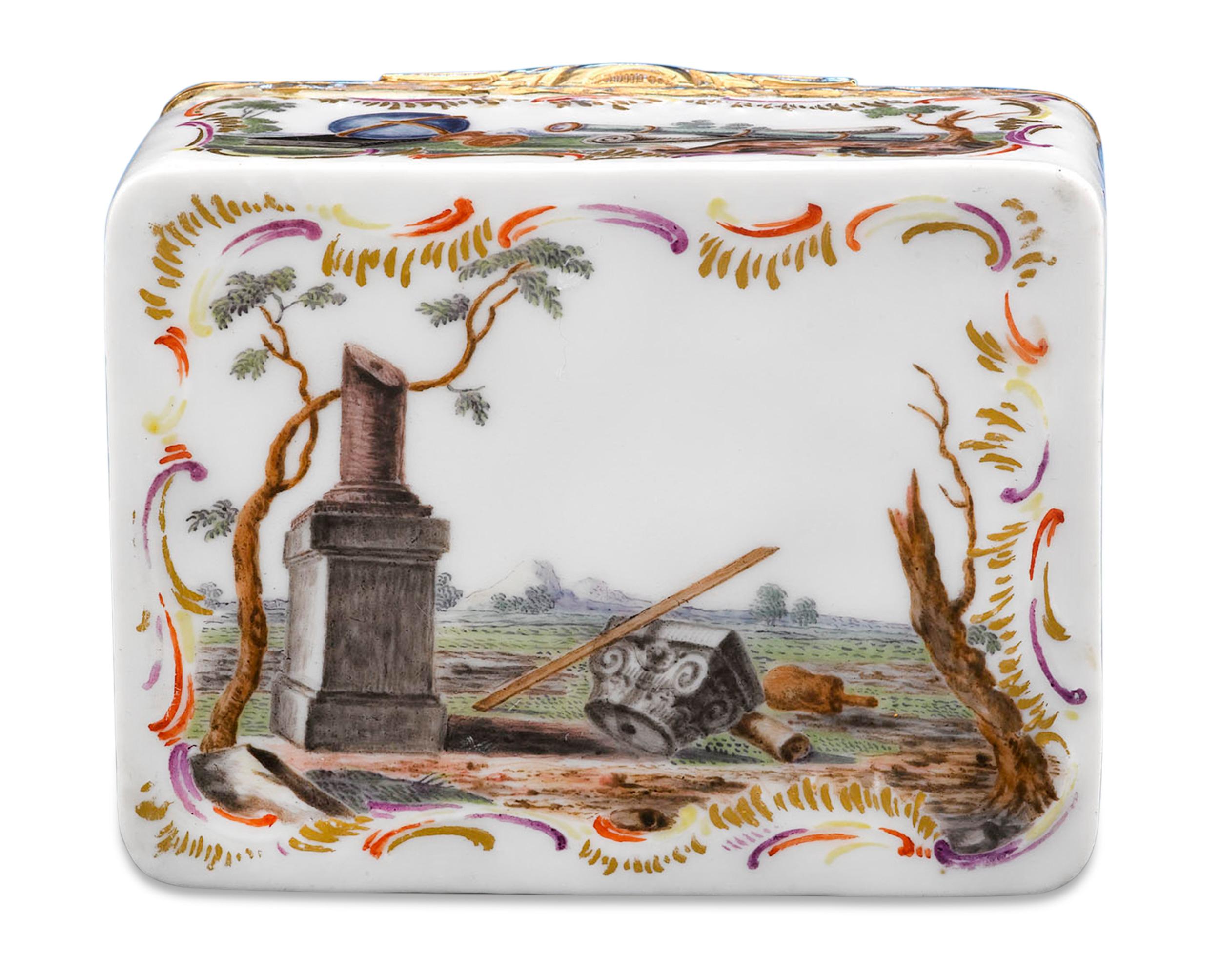 Hand-Painted German Porcelain Snuff Box For Sale