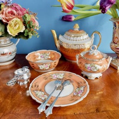 German Porcelain Sucrier Set, Orange with Flowers, Rococo Revival, ca 1860