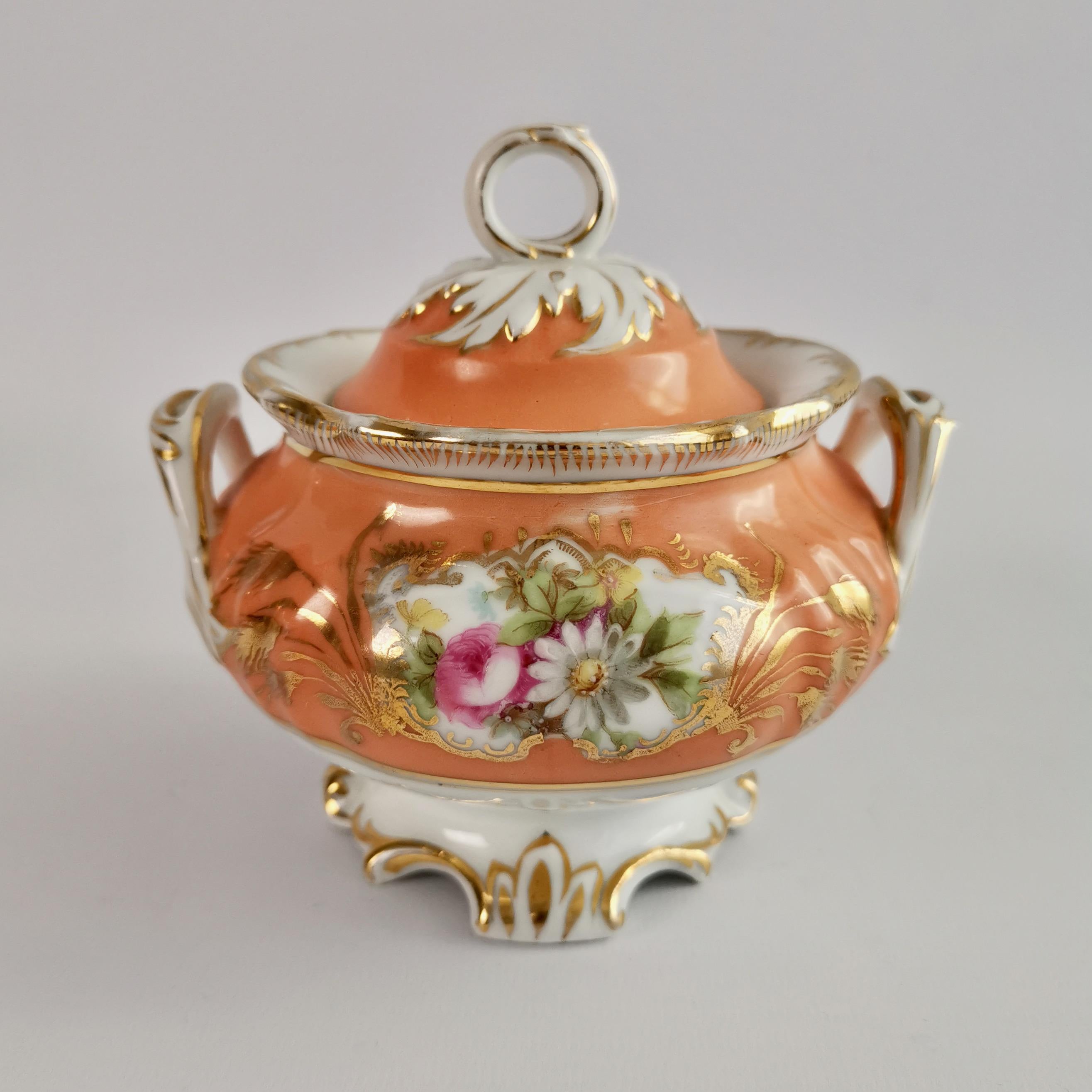 Hand-Painted German Porcelain Sucrier Set, Orange with Flowers, Rococo Revival, ca 1860