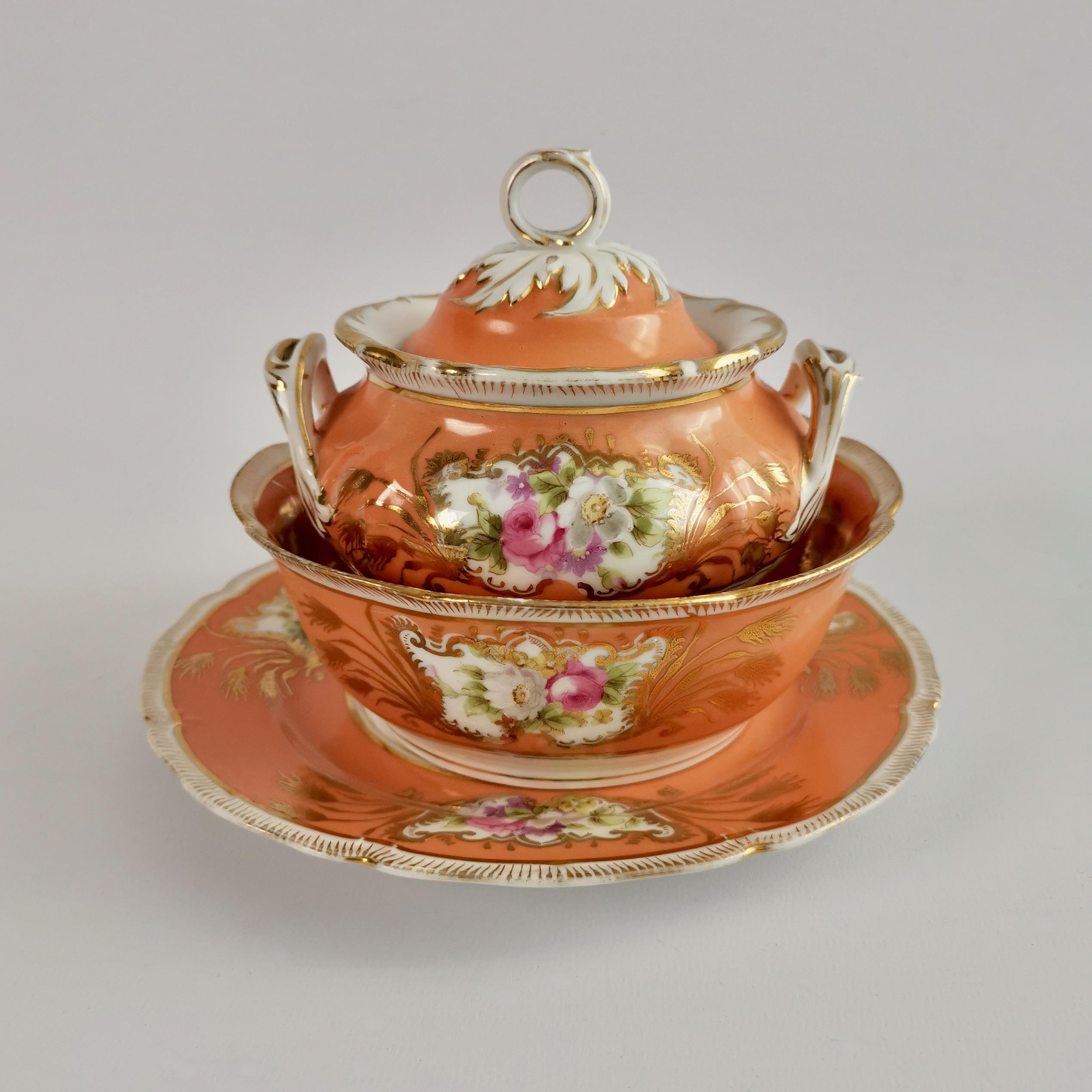 German Porcelain Sucrier Set, Orange with Flowers, Rococo Revival, ca 1860 1
