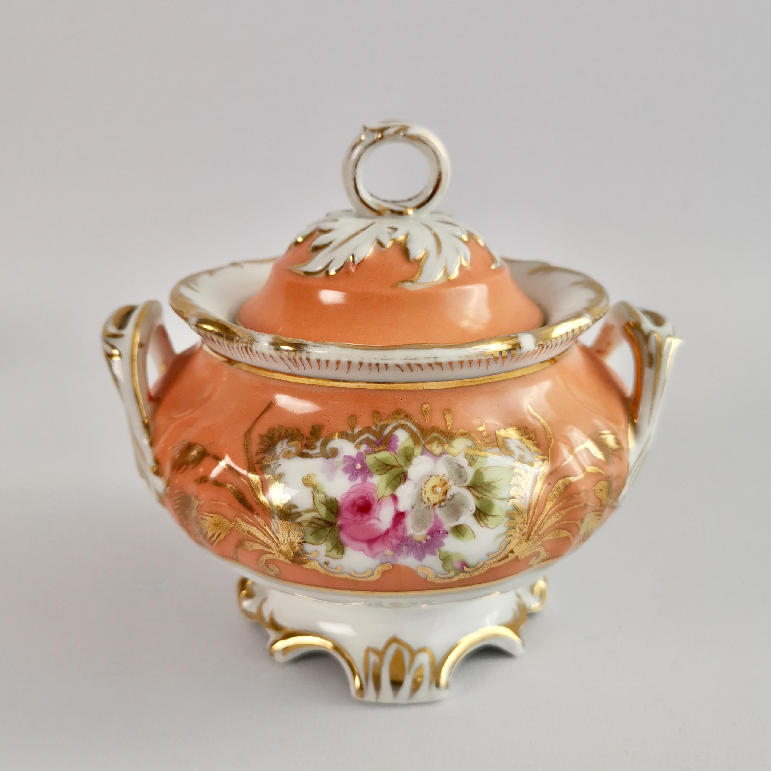 German Porcelain Sucrier Set, Orange with Flowers, Rococo Revival, ca 1860 2