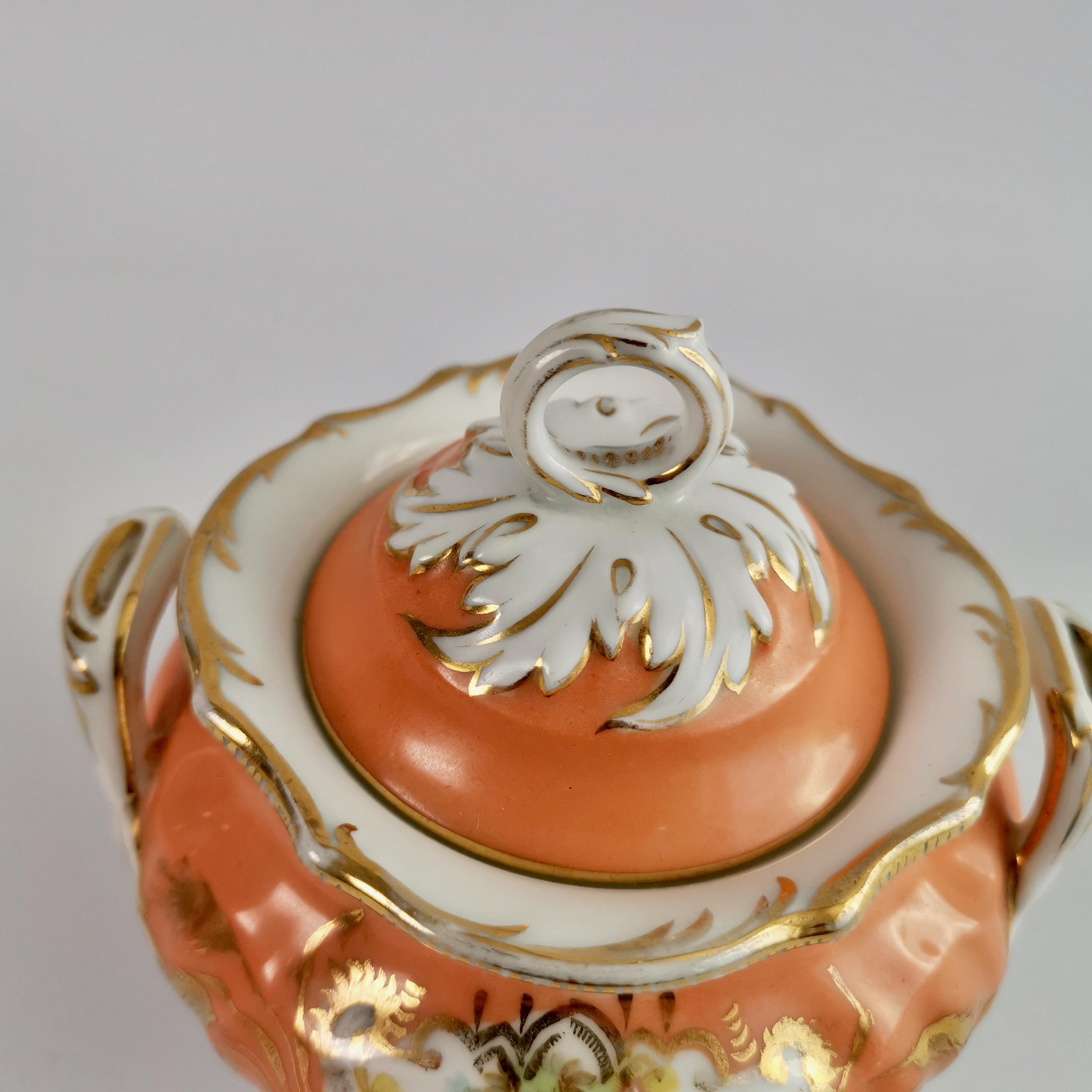 German Porcelain Sucrier Set, Orange with Flowers, Rococo Revival, ca 1860 3