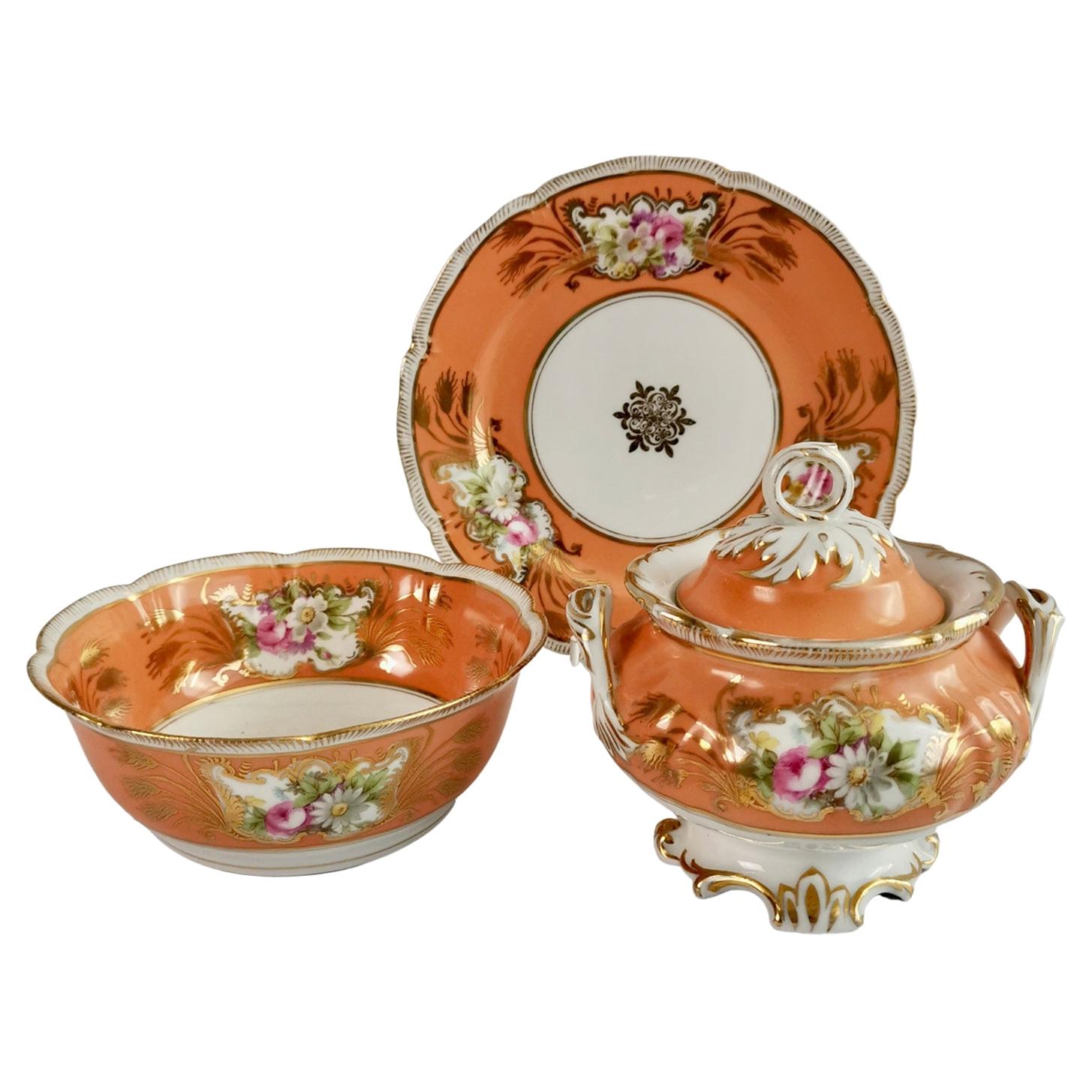 German Porcelain Sucrier Set, Orange with Flowers, Rococo Revival, ca 1860