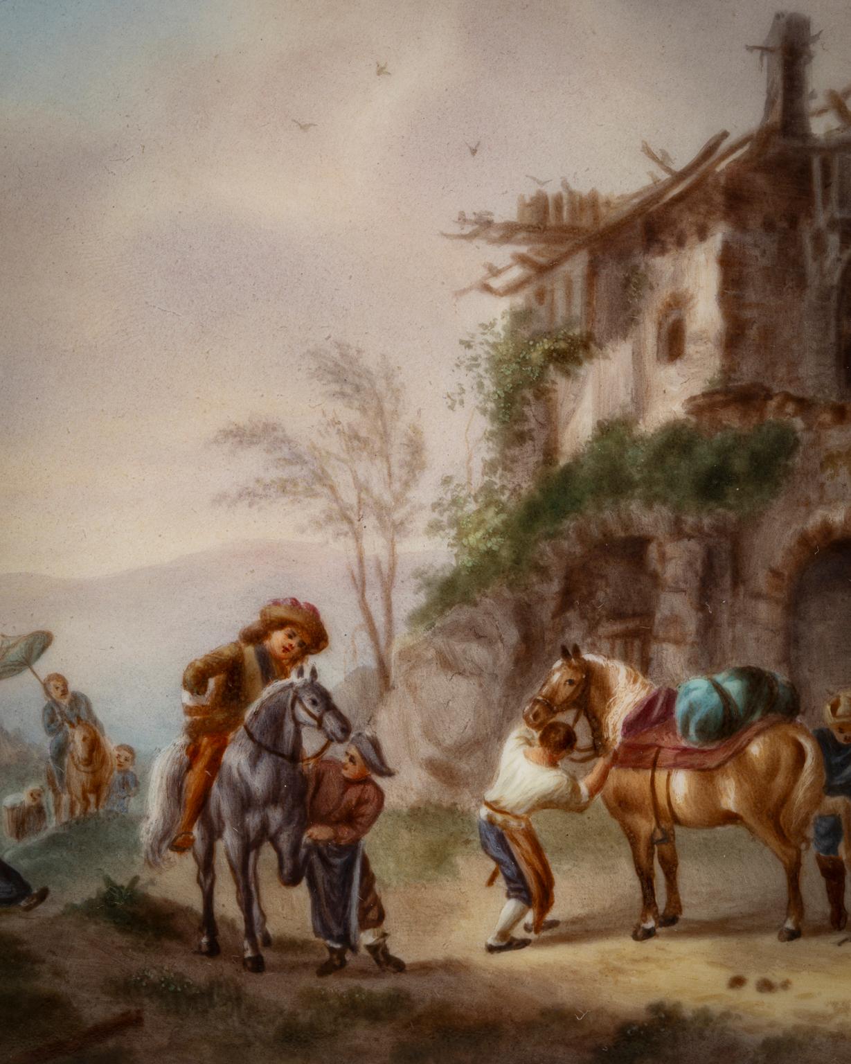 Dans le style hollandais du XVIIe siècle, représentant une scène de village avec des chevaux et des cavaliers au milieu d'un paysage.