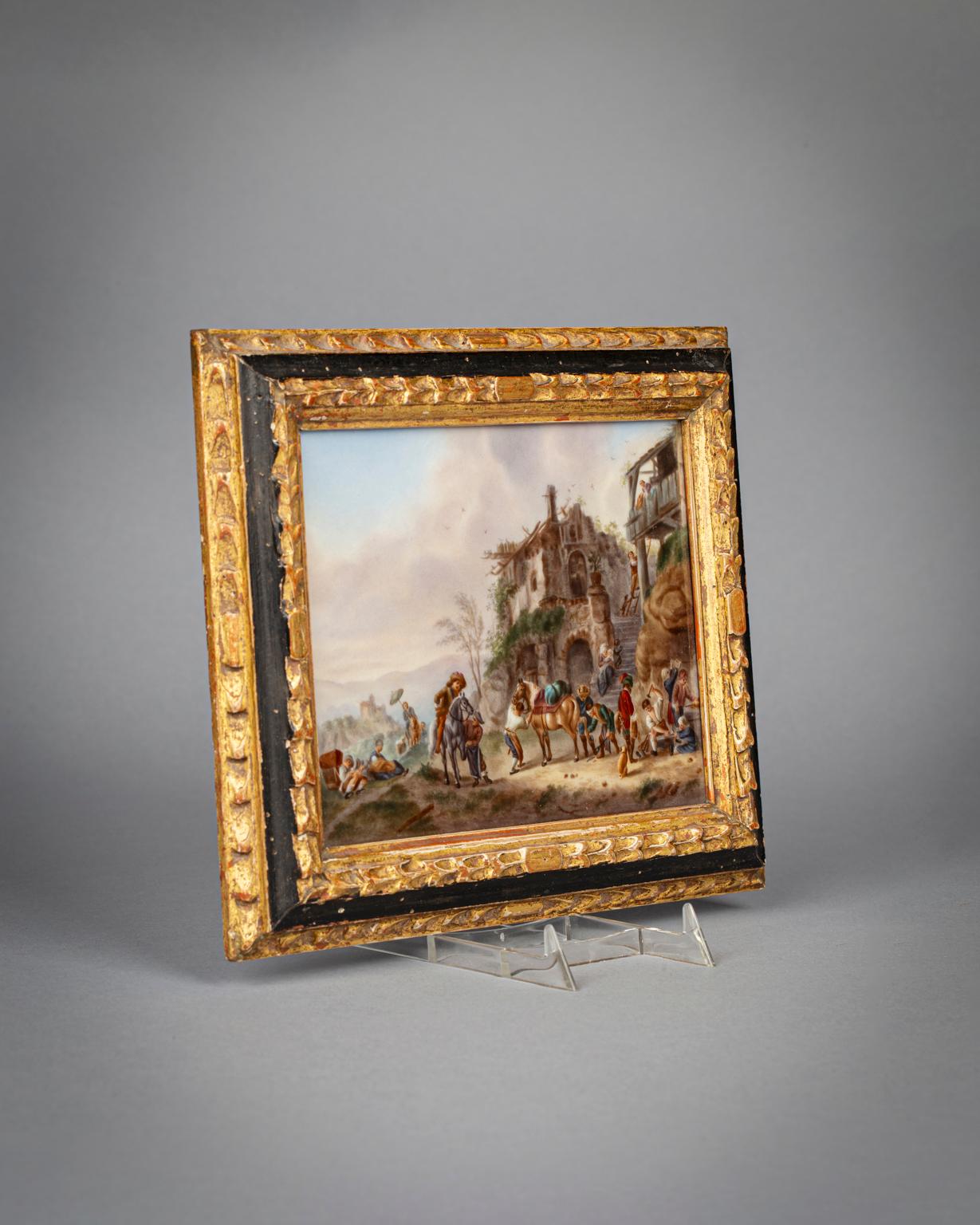 Plaque de scène de village en porcelaine allemande, 19e siècle Bon état - En vente à New York, NY